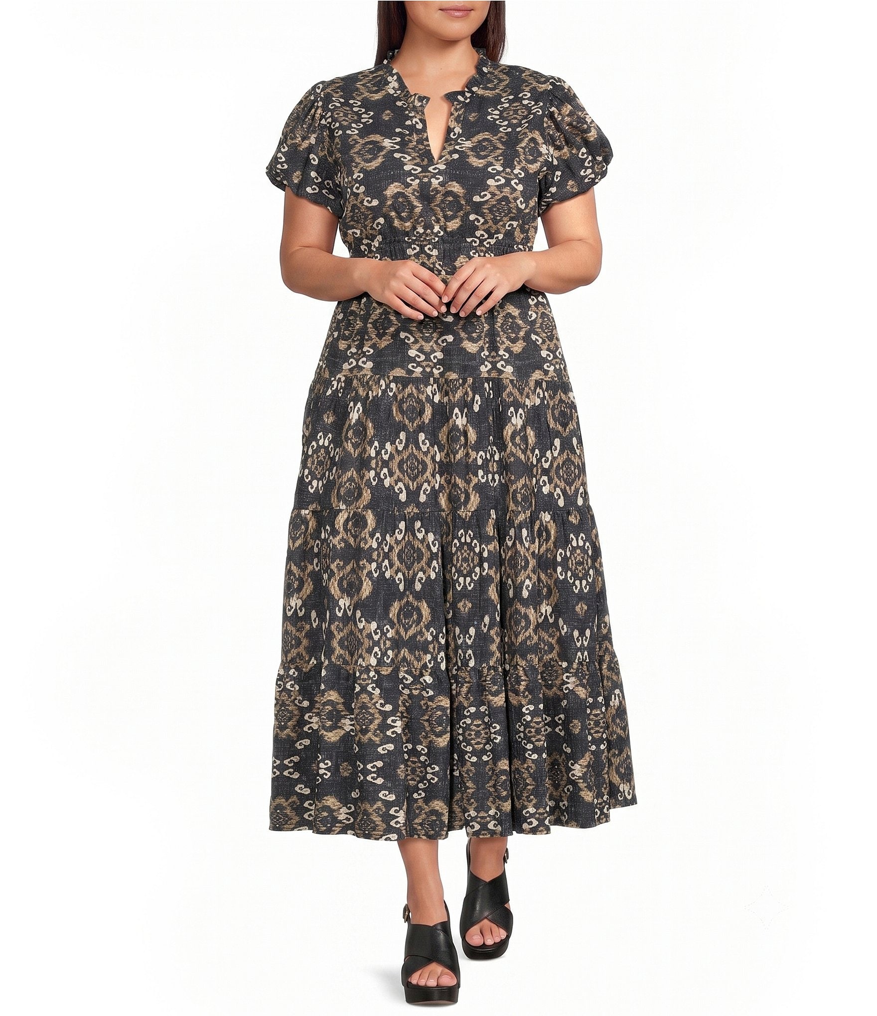 Calessa Plus Size Woven Split V-Neck Puff Sleeve A-Line Maxi Dress