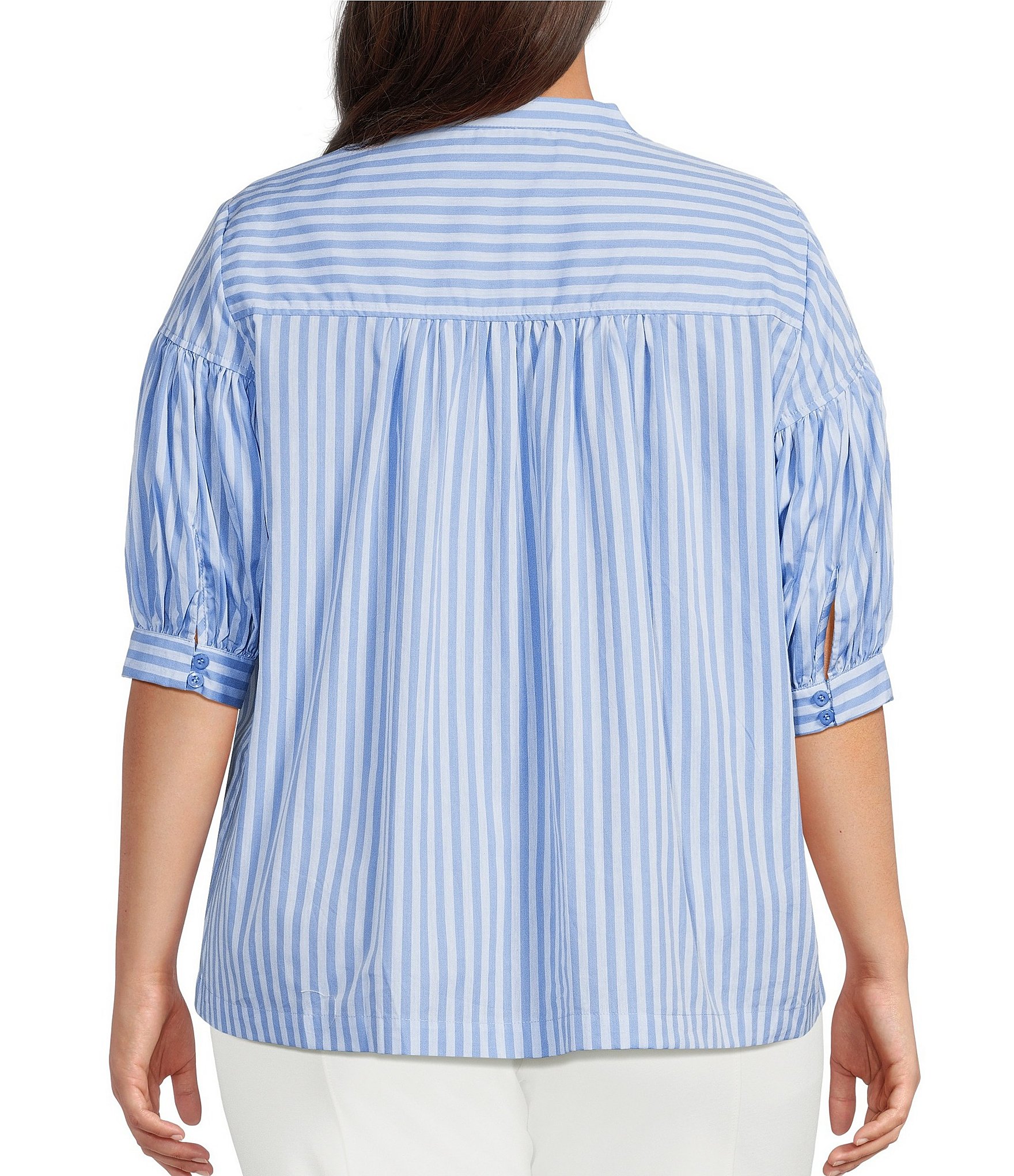 Calessa Plus Size Woven Stripe Split V-Neck Elbow Length Sleeve Tunic