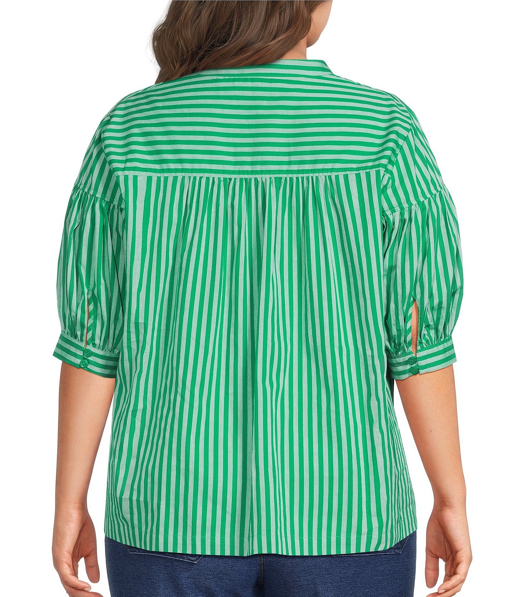 Calessa Plus Size Woven Stripe Split V-Neck Elbow Length Sleeve Tunic