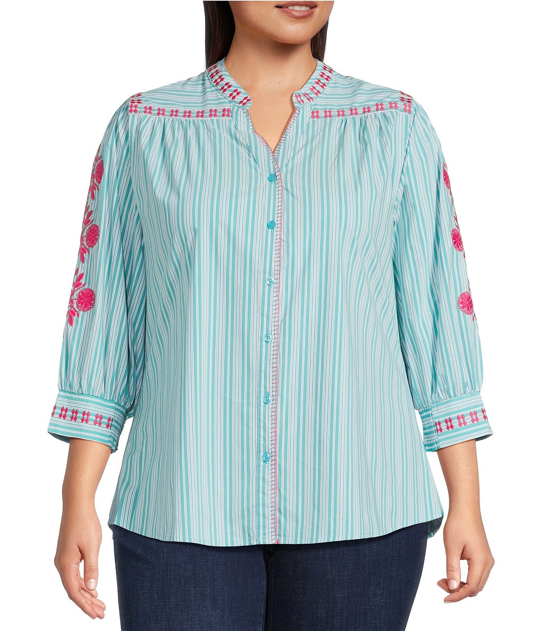 Calessa Plus Size Woven Striped Embroidered Split V-Neck 3/4 Sleeve Button Front Tunic