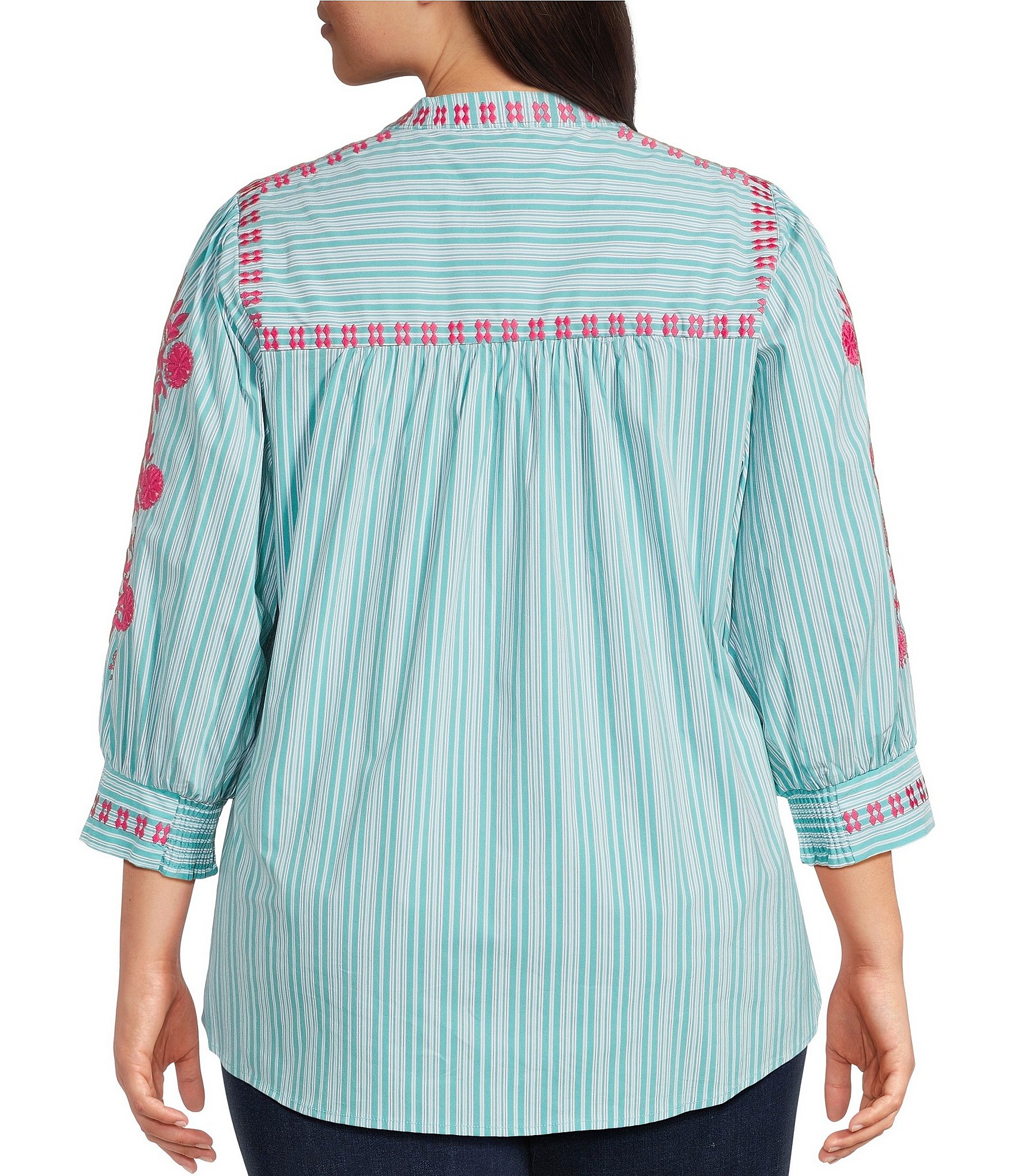 Calessa Plus Size Woven Striped Embroidered Split V-Neck 3/4 Sleeve Button Front Tunic