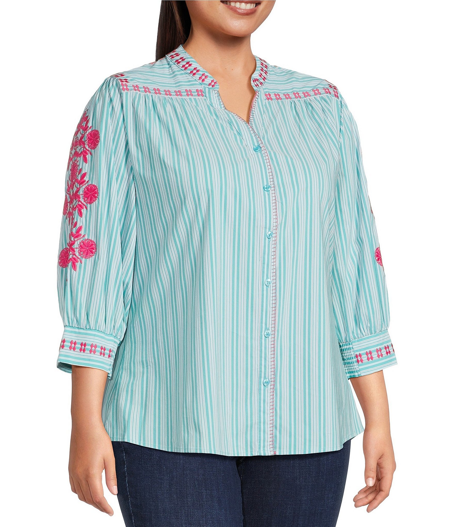 Calessa Plus Size Woven Striped Embroidered Split V-Neck 3/4 Sleeve Button Front Tunic
