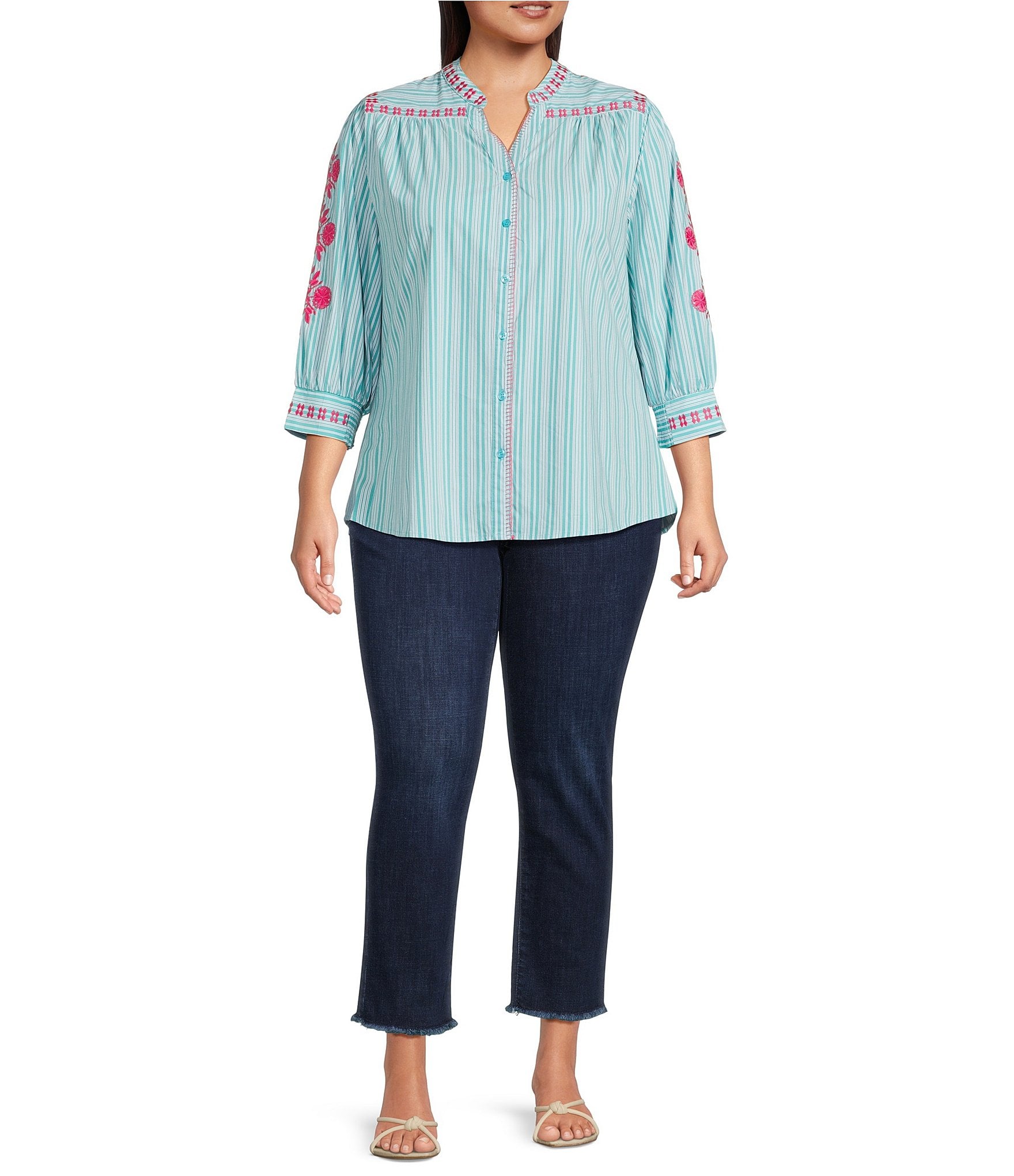 Calessa Plus Size Woven Striped Embroidered Split V-Neck 3/4 Sleeve Button Front Tunic