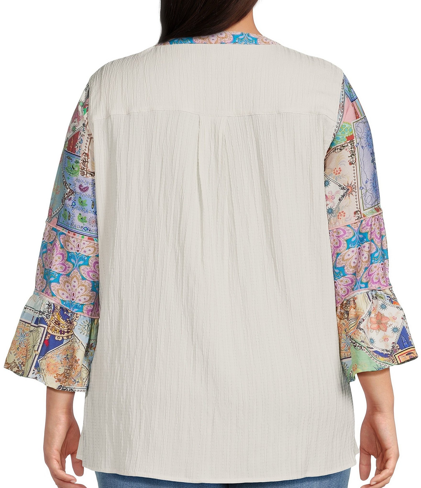 Calessa Plus Size Woven Textured Embroidered Patchwork Split V-Neck 3/4 Bell Sleeve Tunic