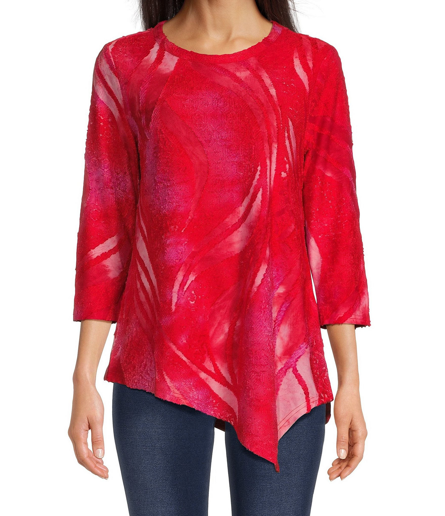 Calessa Round Neck 3/4 Sleeve Asymmetric Hem Burnout Tie Dye Top ...