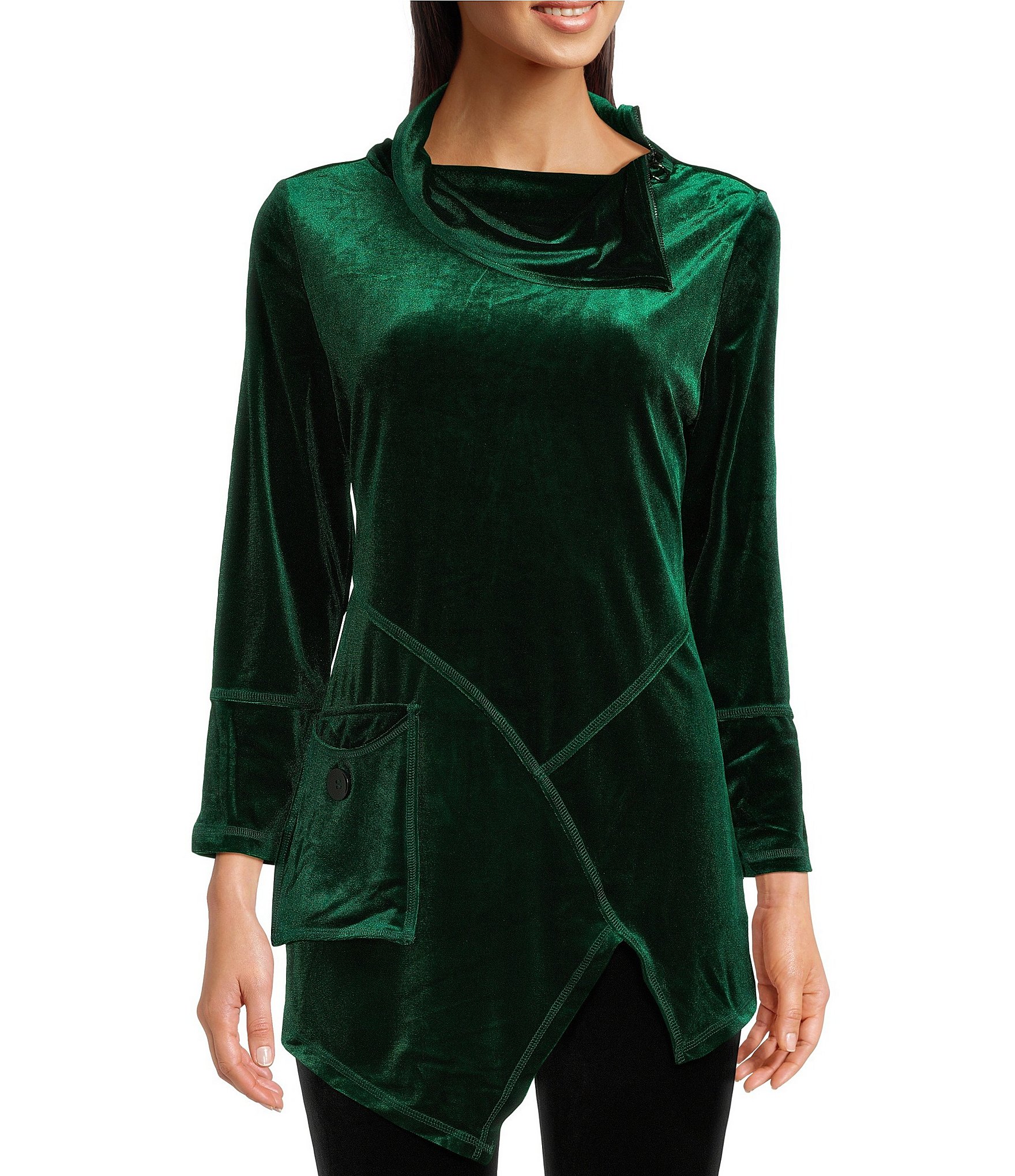 Petite Size Y-Neck Long Sleeve 3-Button Front Velvet Top