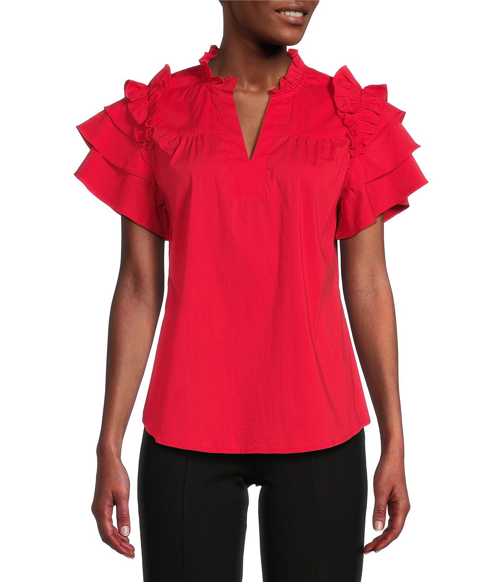 Calessa Split V Neck Short Sleeve Ruffle Top Dillards