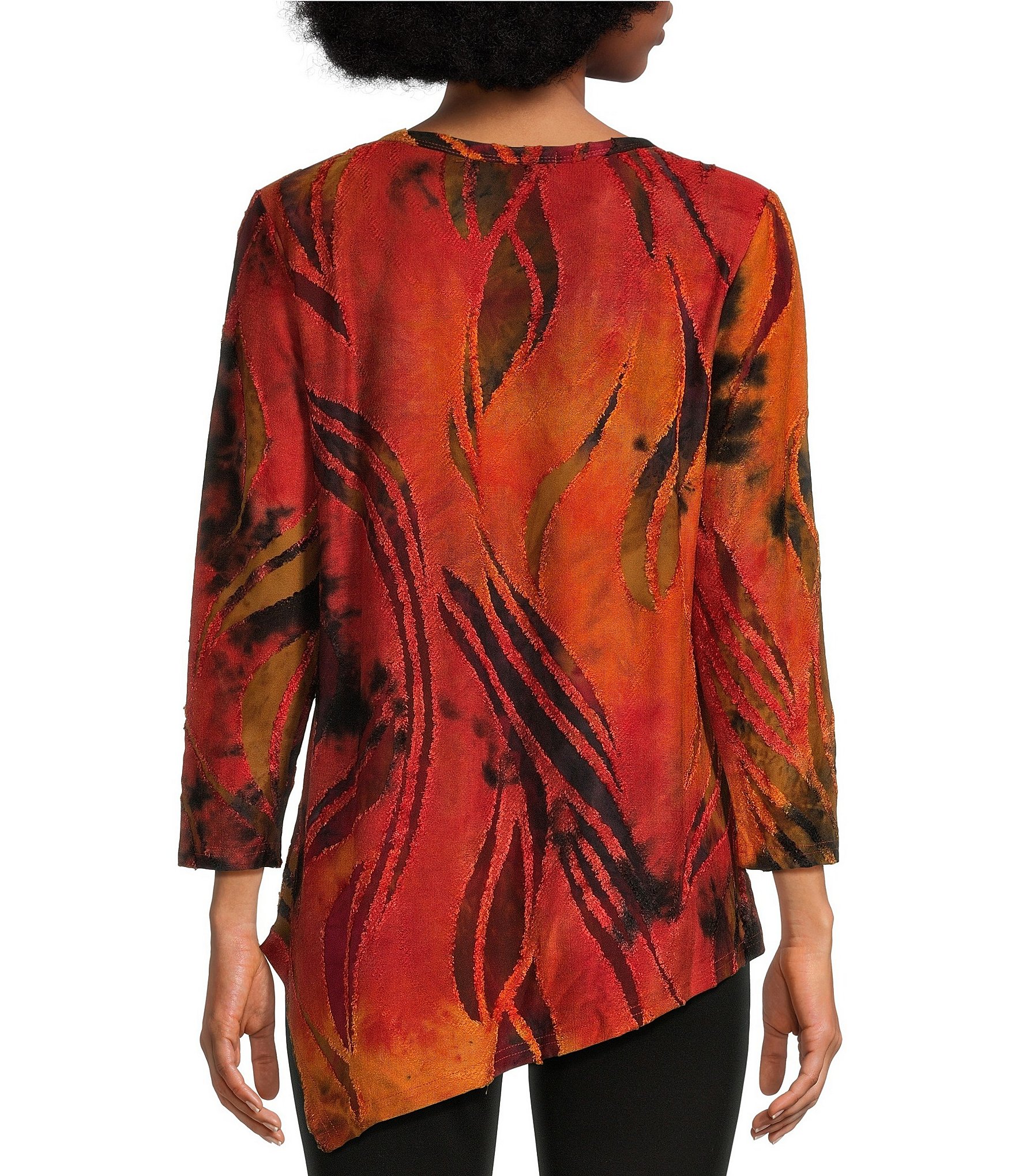 Calessa Stretch Burnout Tie Dye Round Neck 3/4 Sleeve Blouse