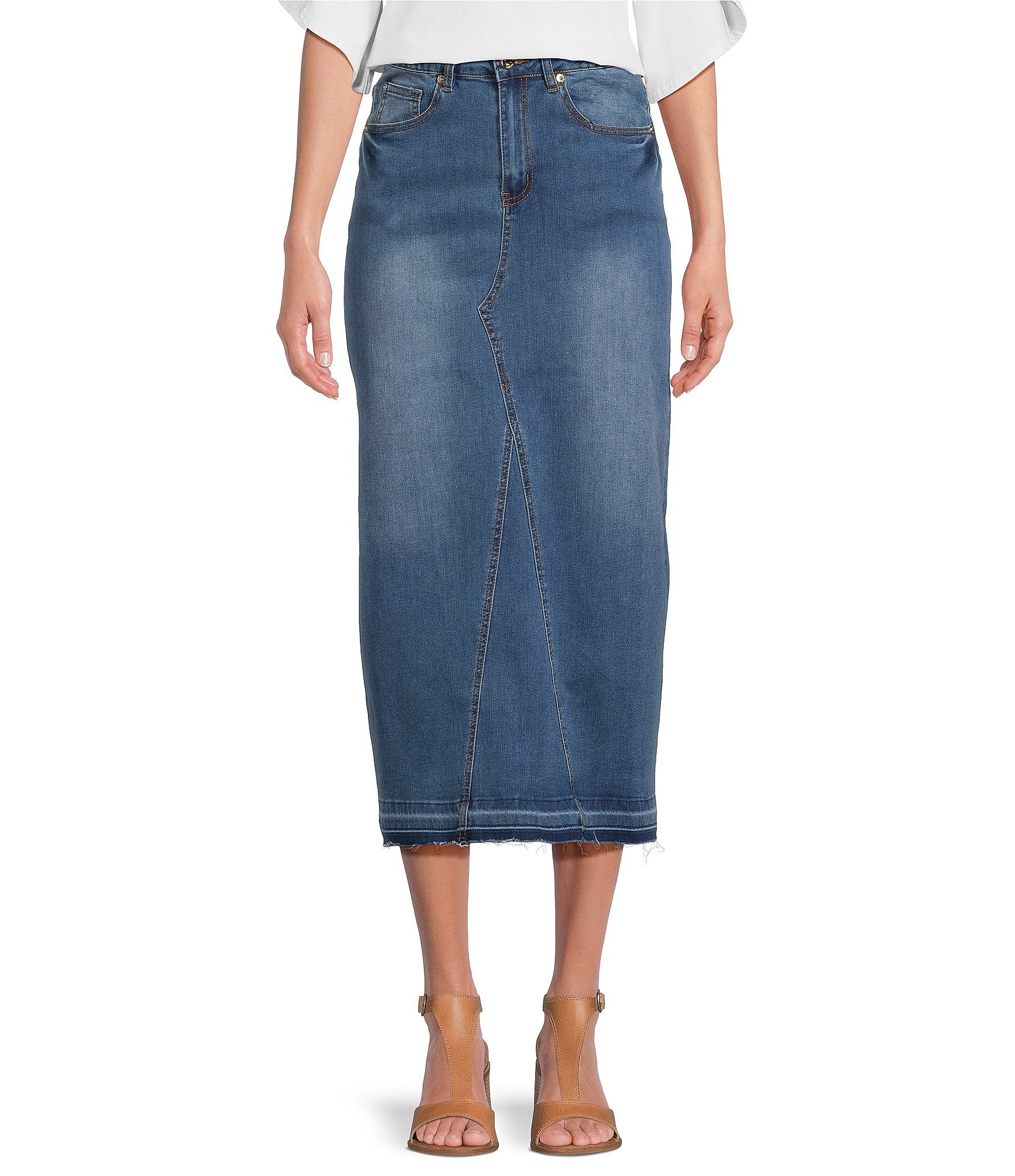 Calessa Stretch Denim Straight Hem Back Slit Pull-On Midi Skirt | Dillard's