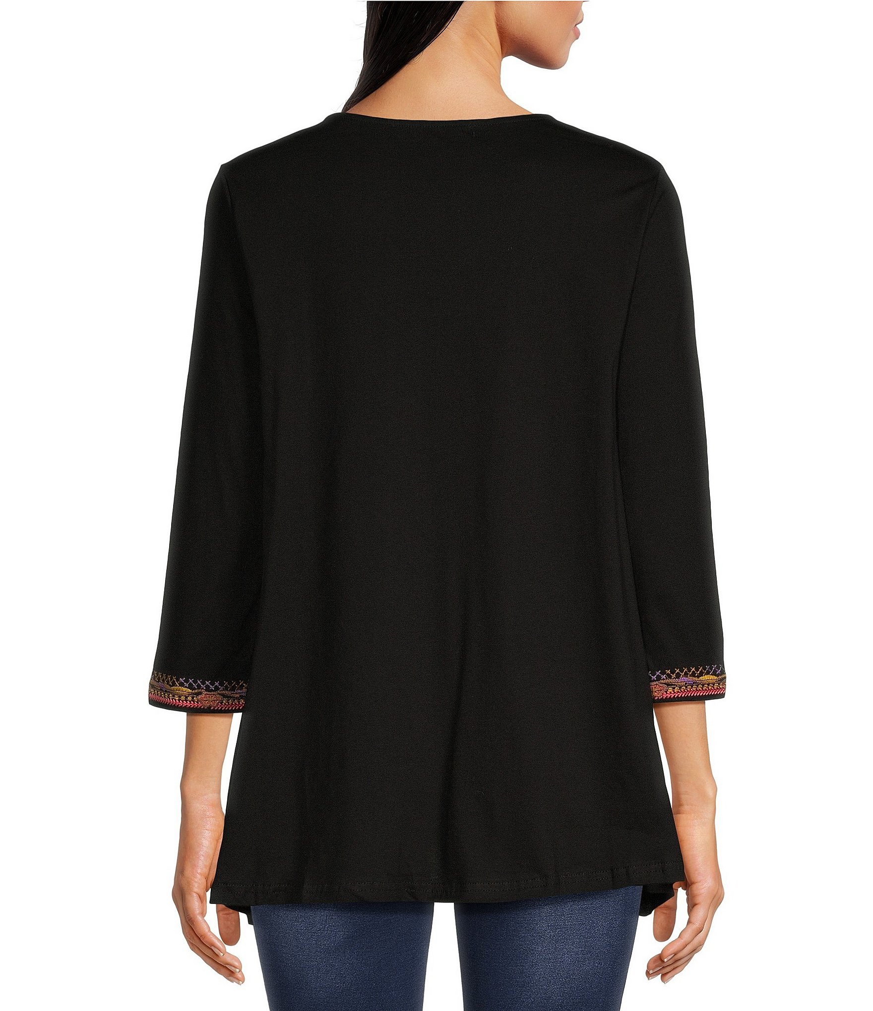 Calessa Stretch Embroidered V-Neck 3/4 Sleeve Blouse