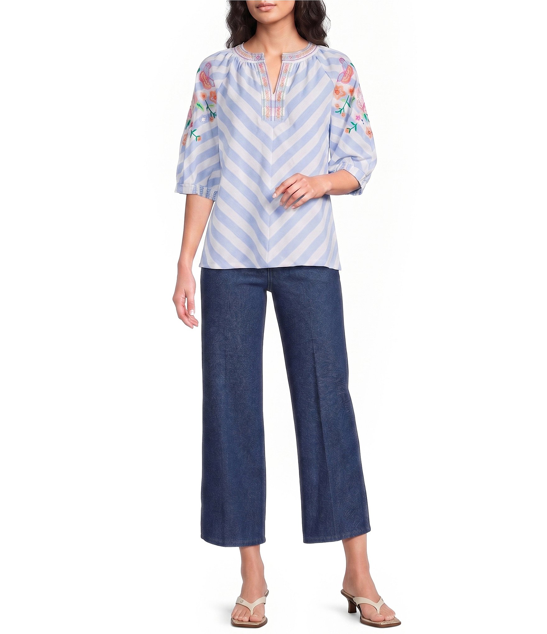 Calessa Stripe Split V-Neck Embroidered Elbow Length Sleeve Tunic