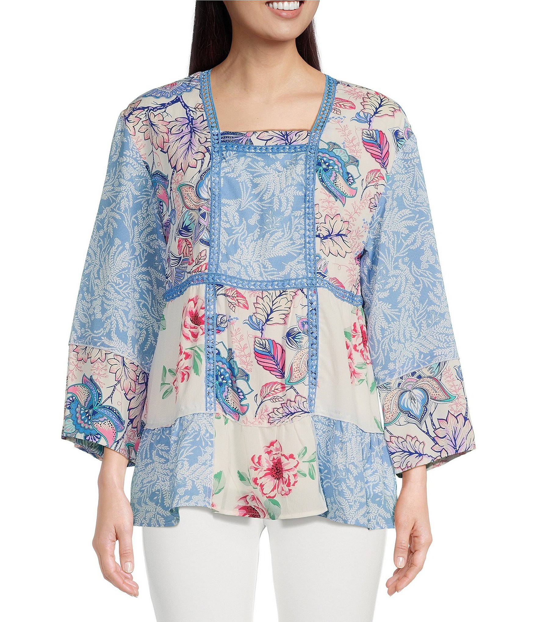 Calessa Swirl Abstract Patchwork Print Square Neck 3/4 Sleeve Tunic ...