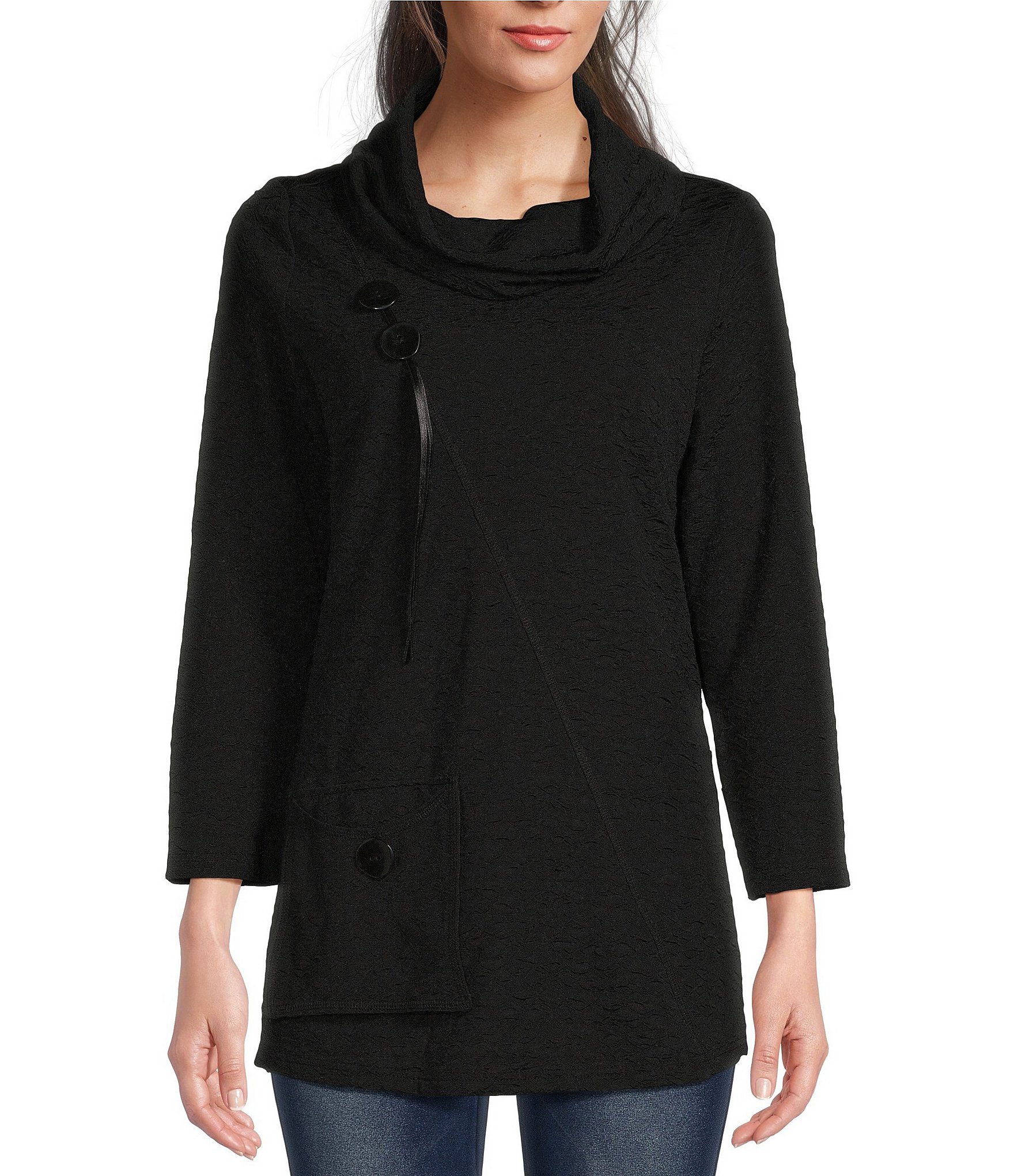 Calessa Texture Popcorn Knit Cowl Neck 3/4 Sleeve Patch Pocket Tunic ...