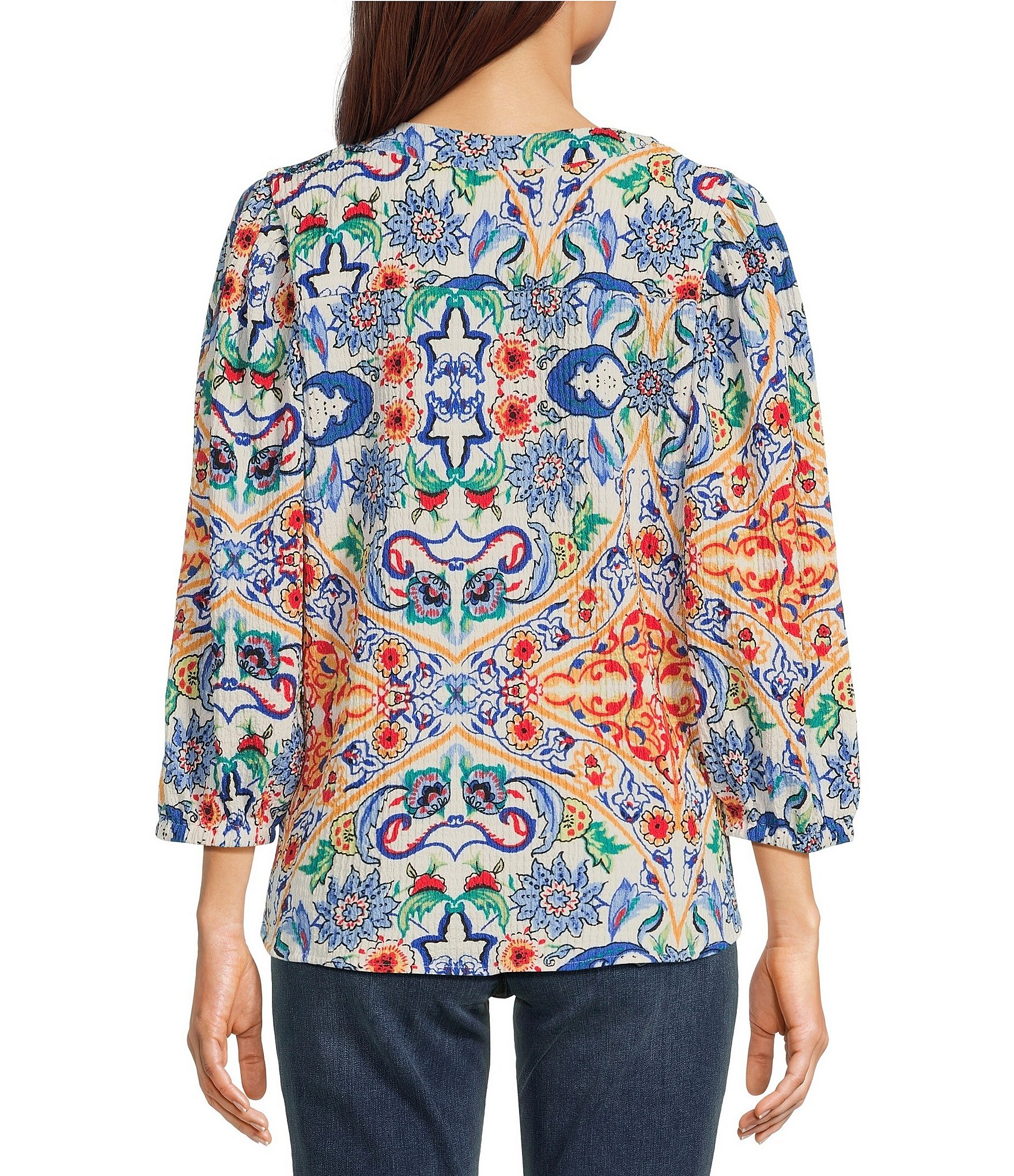 Calessa Textured Crinkle Knit Florentine Mosaic Print Banded Split V-Neck Long Balloon Sleeve Tunic
