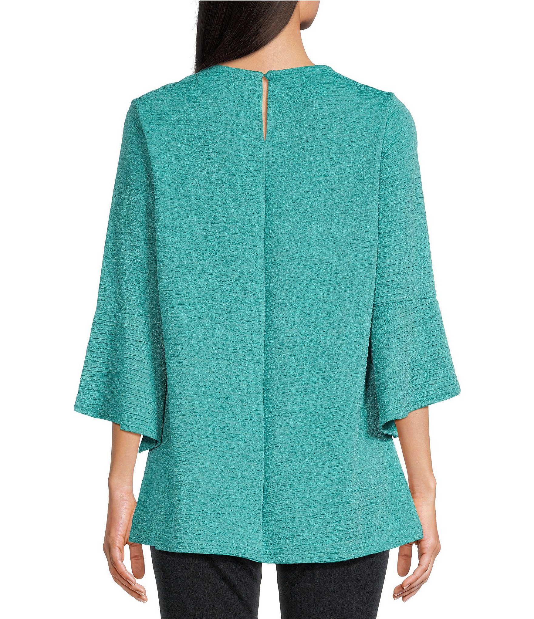 Calessa Textured Pucker Knit Crew Neck 3/4 Flare Sleeve Top