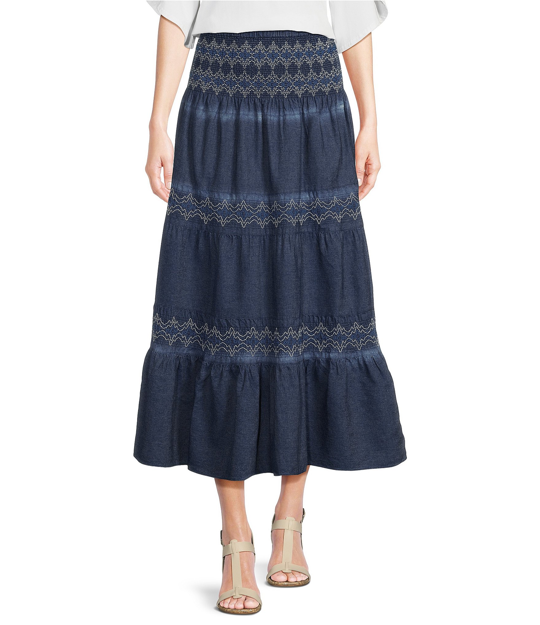 Calessa Tiered Denim Midi Skirt | Dillard's