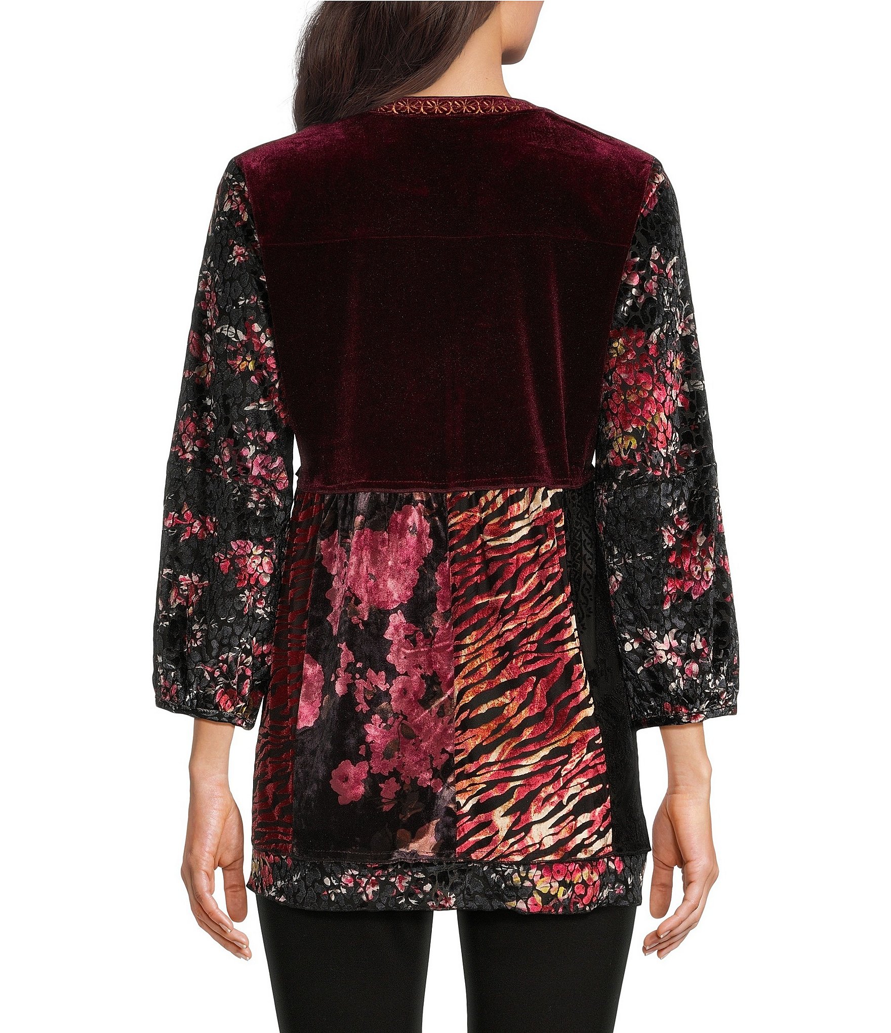 Calessa Velvet Tiered Patchwork Split V-Neck 3/4 Sleeve Top