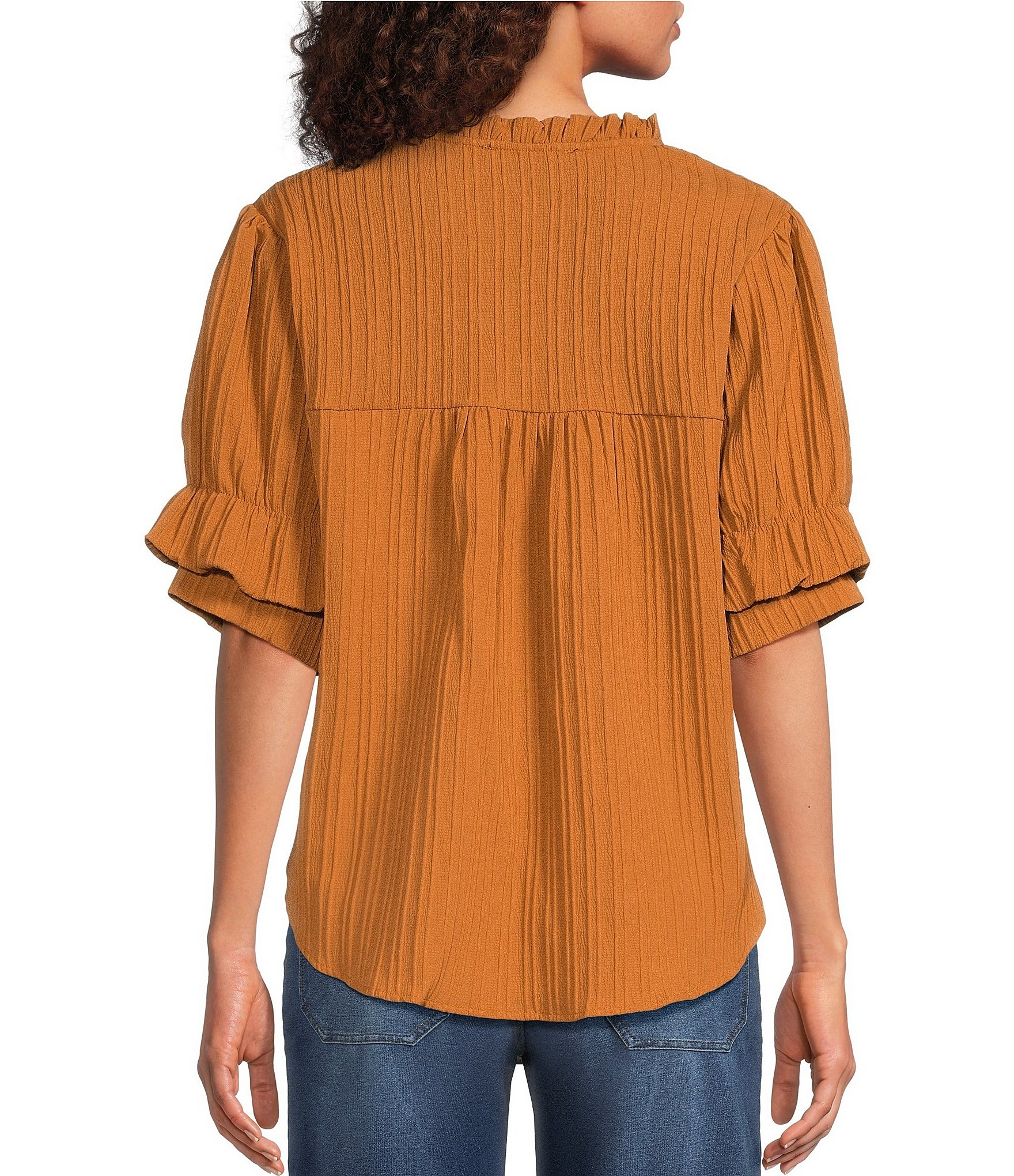 Calessa Woven Band Collar Elbow Length Sleeve Button Front Shirt