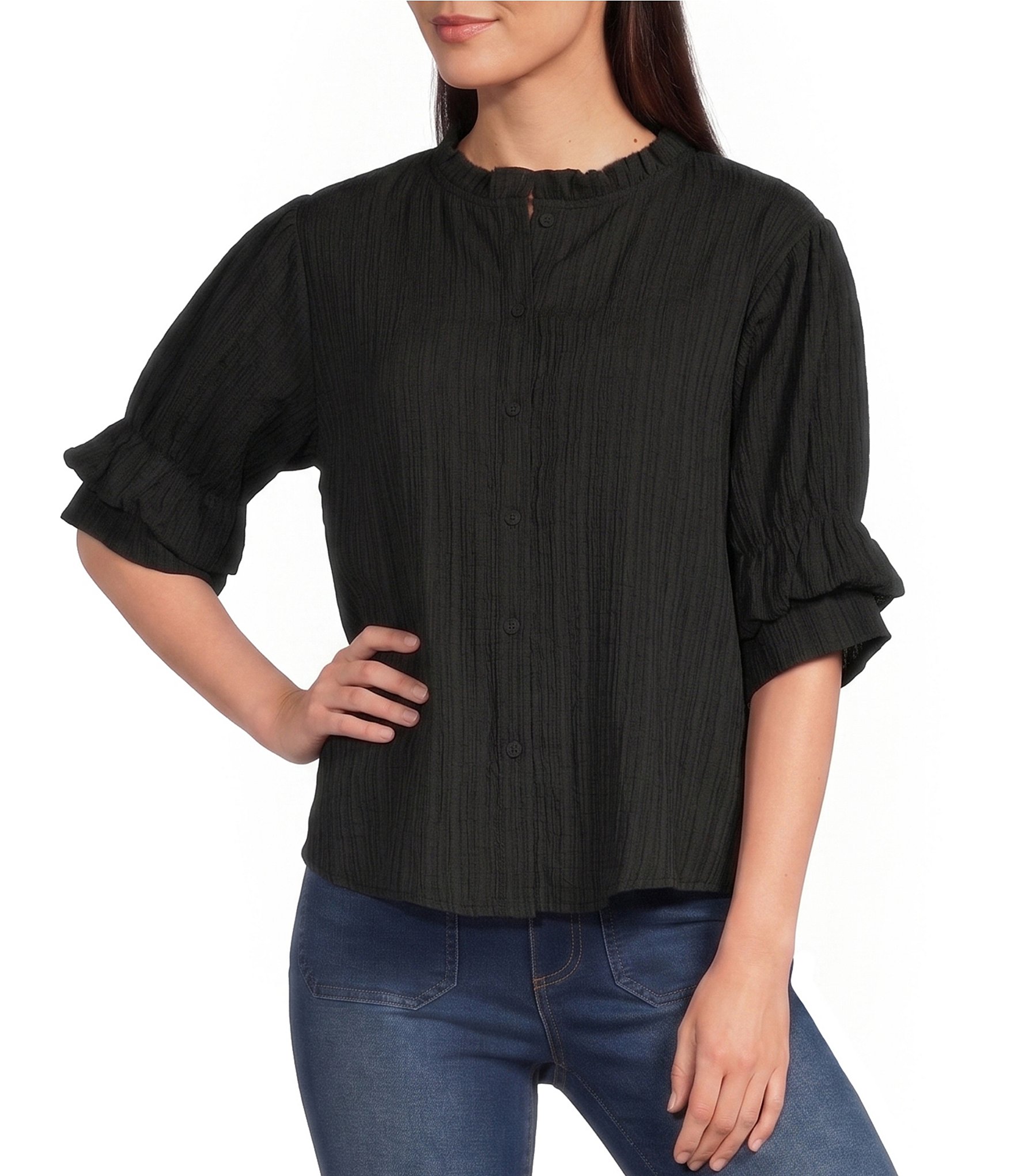 Calessa Woven Band Ruffle Collar Elbow Ruffle Sleeve Button Front Shirt