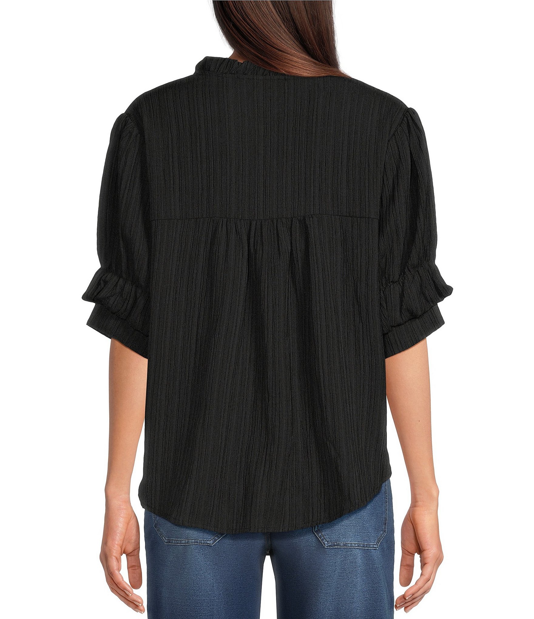 Calessa Woven Band Ruffle Collar Elbow Ruffle Sleeve Button Front Shirt
