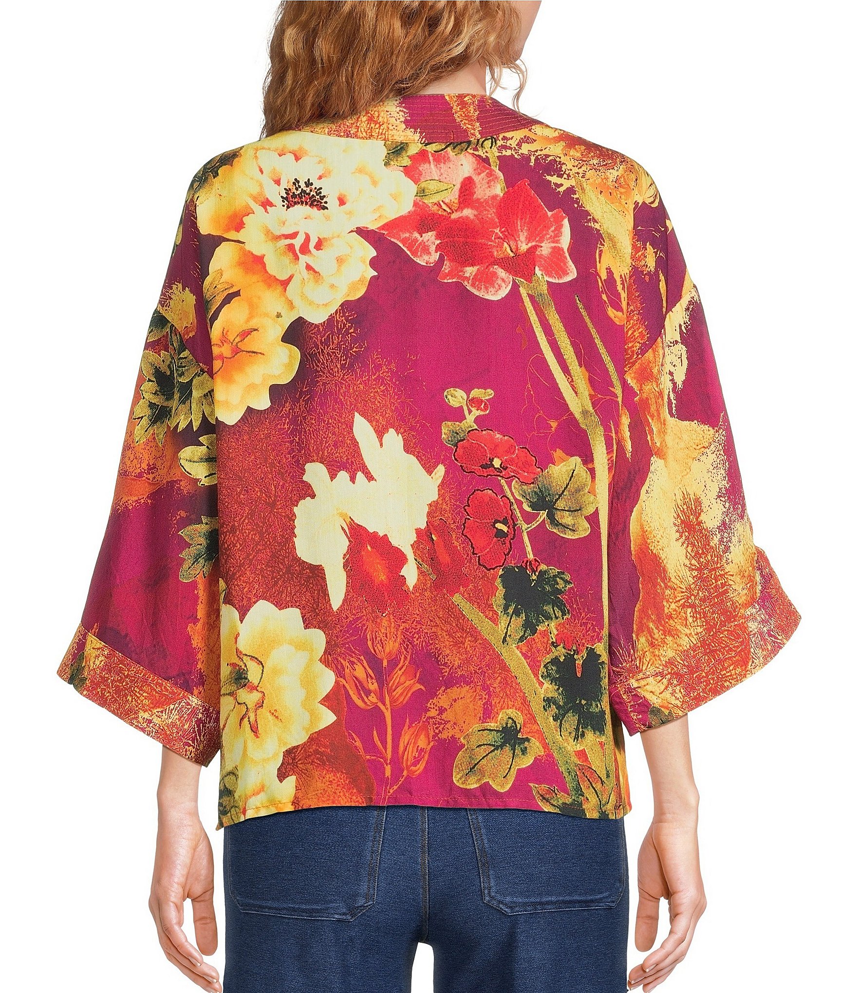 Calessa Woven Digital Print Drape Collar 3/4 Sleeve Open-Front Cardigan
