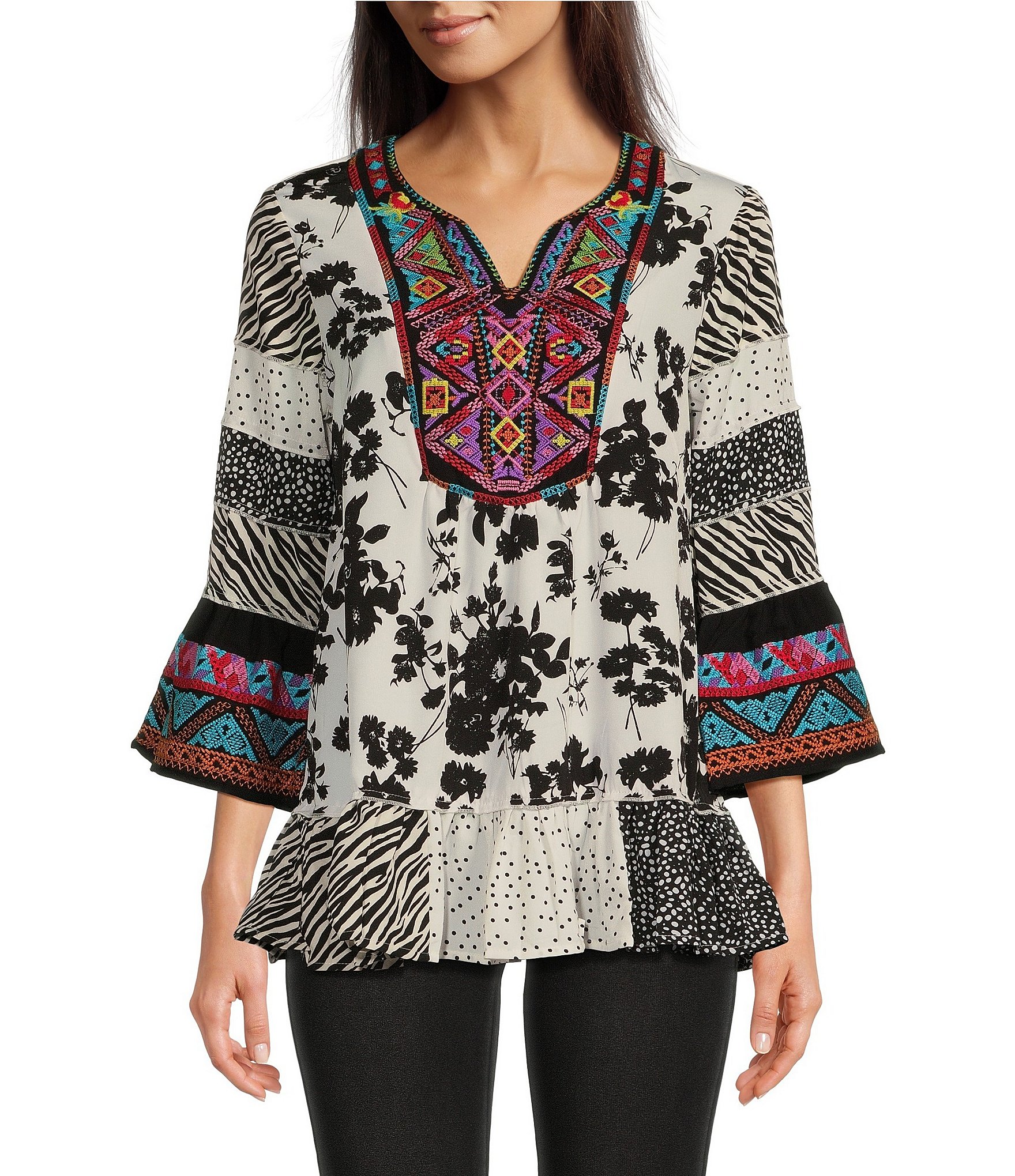 Calessa Woven Embroidered Patchwork Border Floral Print Split V Neck 3