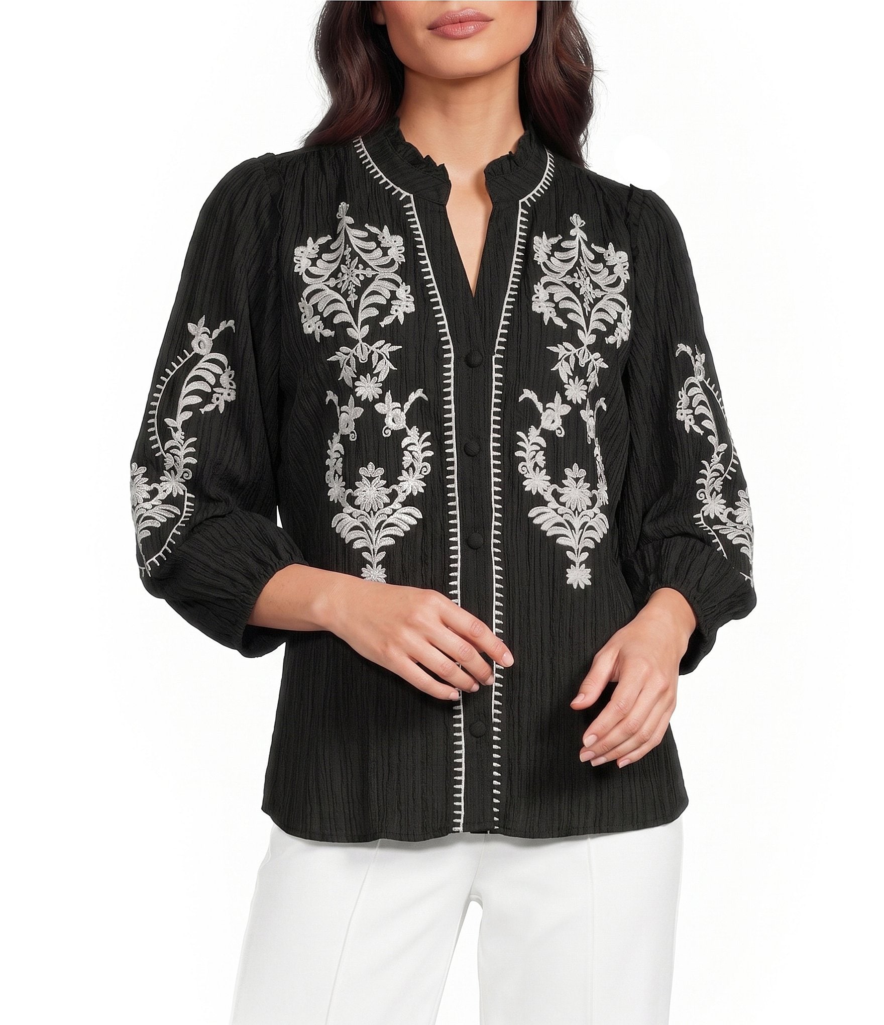 Calessa Woven Embroidered Split V-Neck Elbow Length Sleeve Button Front Tunic