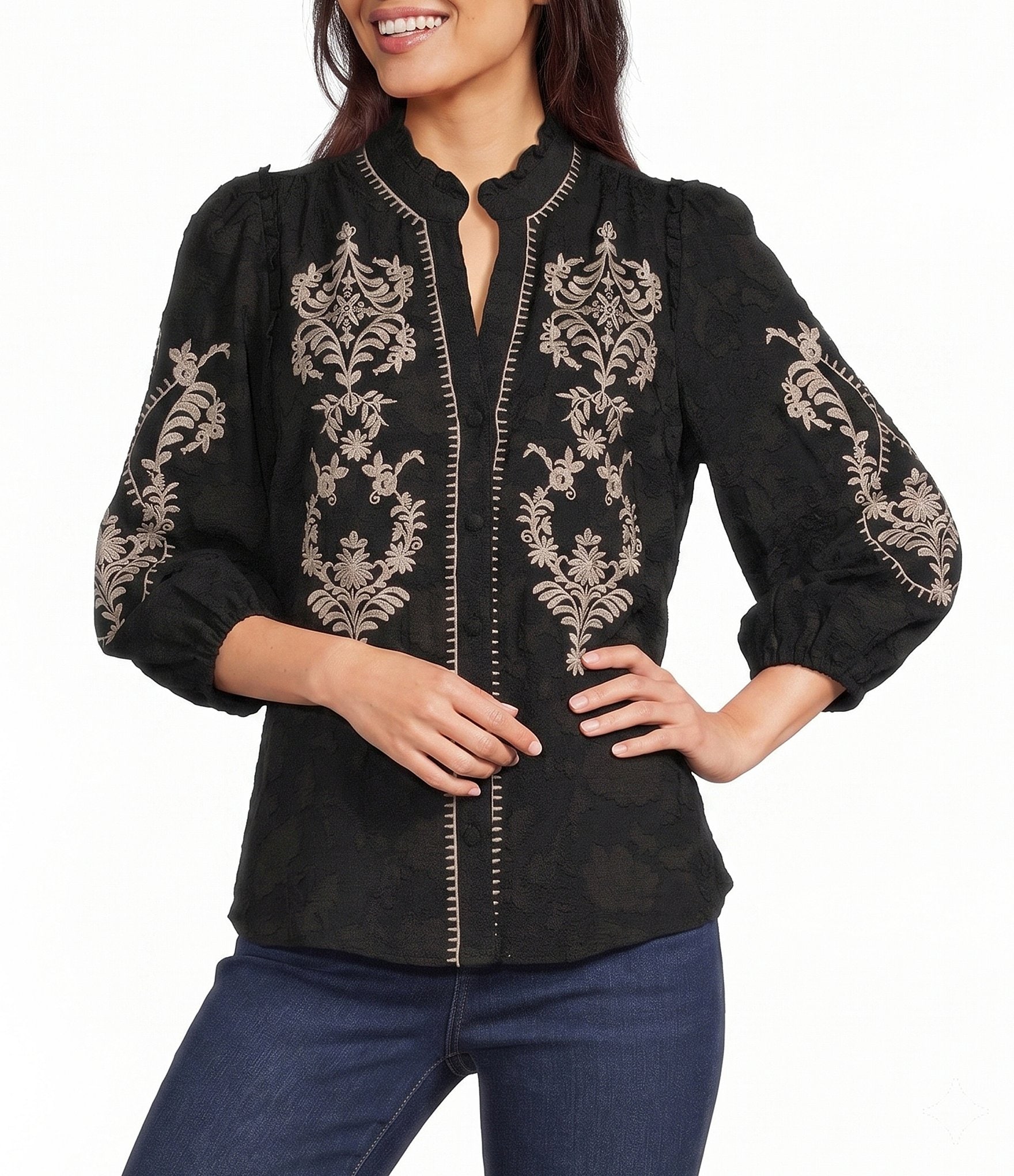 Calessa Woven Embroidered Split V-Neck Elbow Length Sleeve Top
