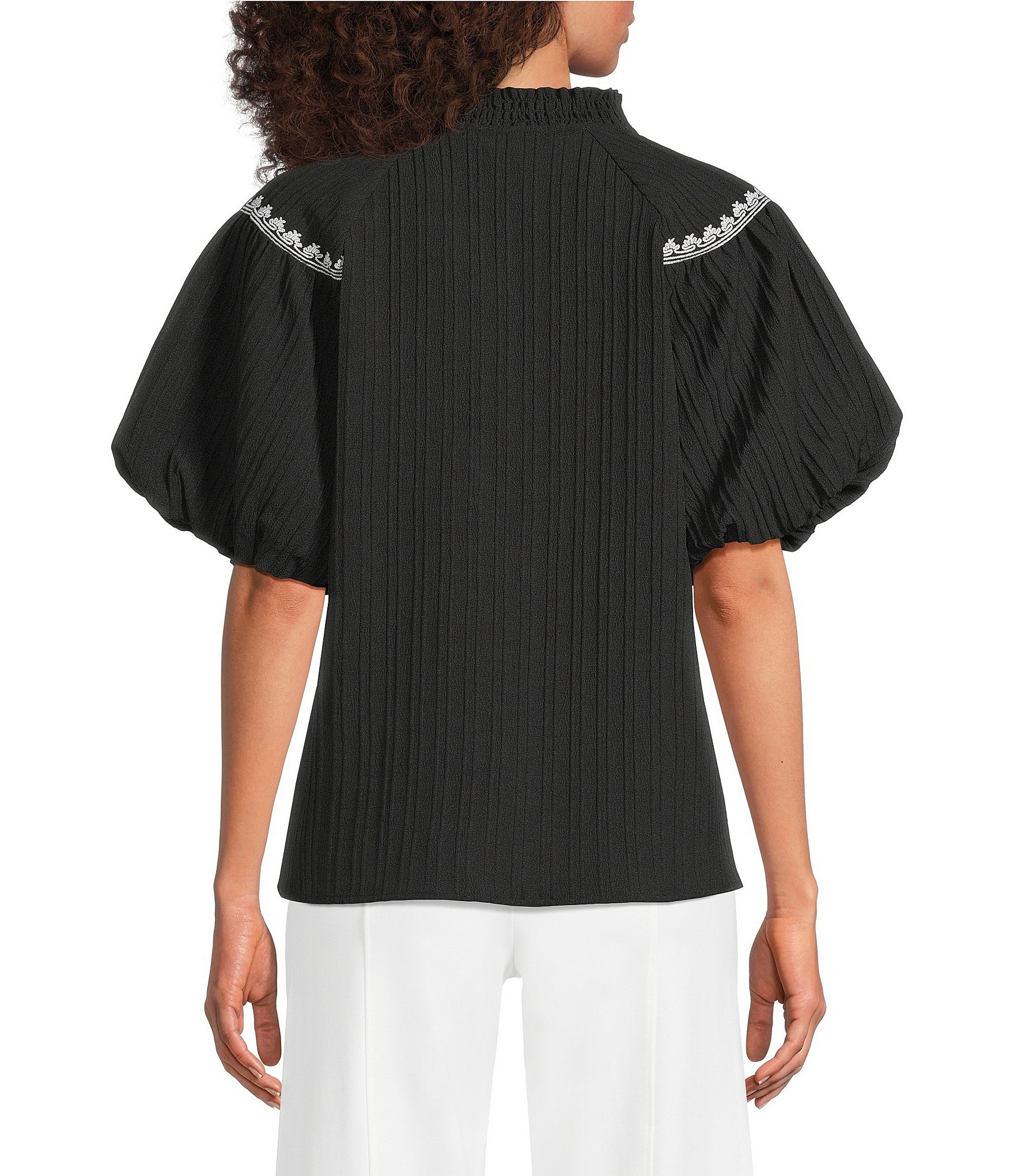 Calessa Woven Embroidered Split V-Neck Elbow Sleeve Tunic
