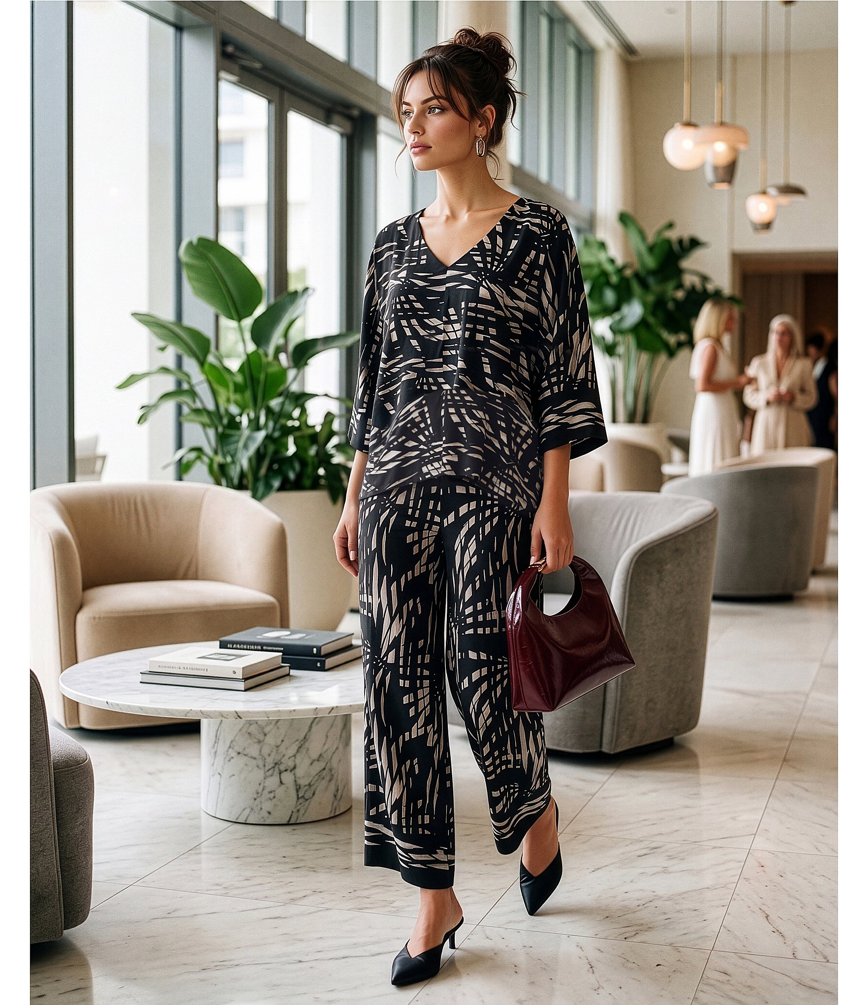 Calessa Woven Geometric Print Coordinating Wide Leg Pull-On Pants