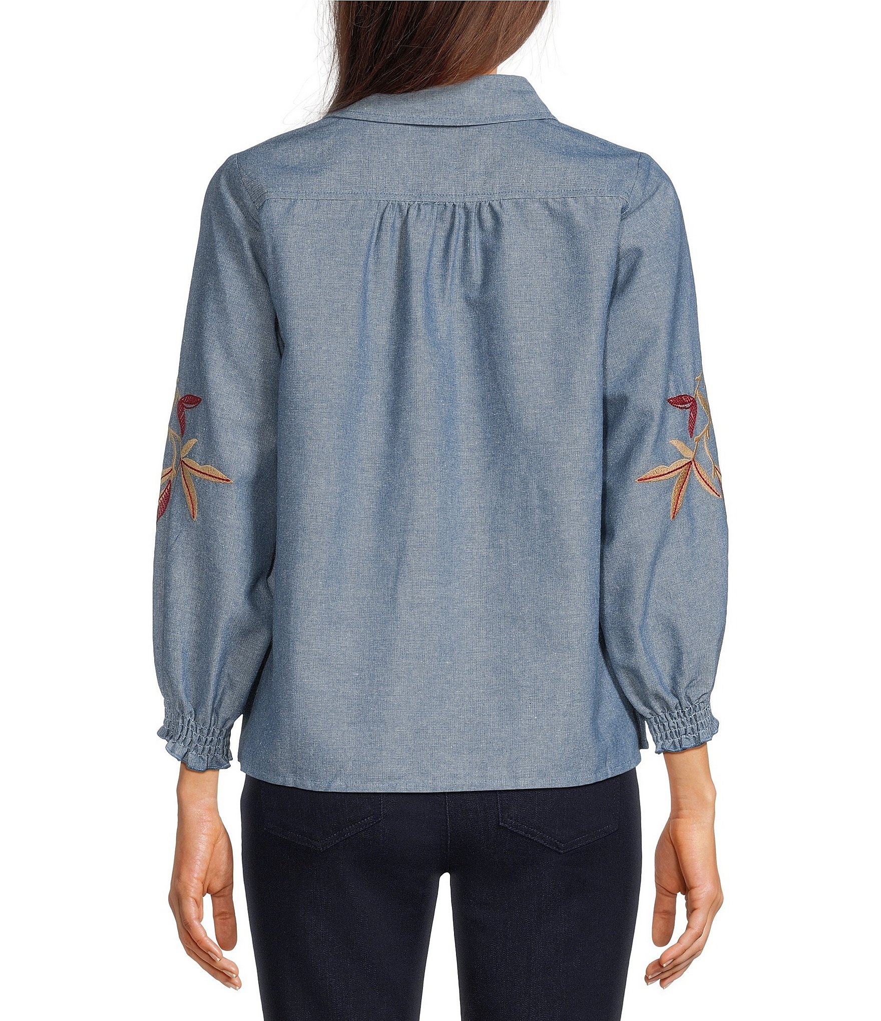 Calessa Woven Leaf Embroidery Point Collar 3/4 Sleeve Button Front Shirt