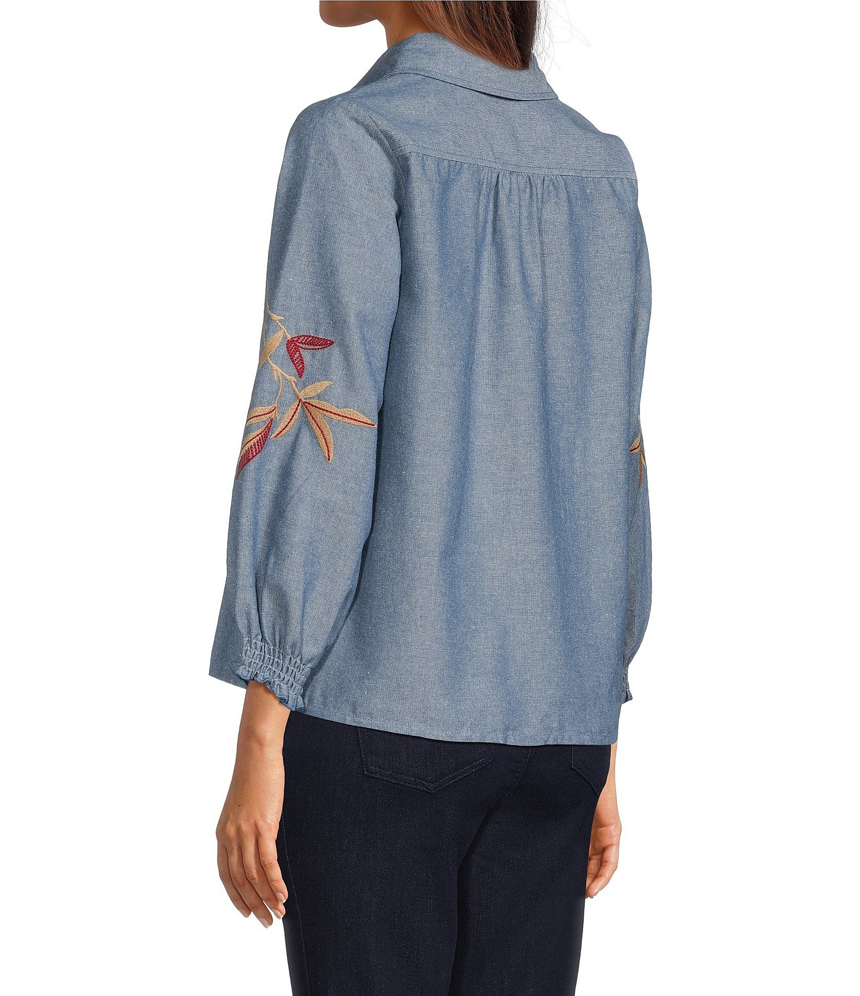 Calessa Woven Leaf Embroidery Point Collar 3/4 Sleeve Button Front Shirt