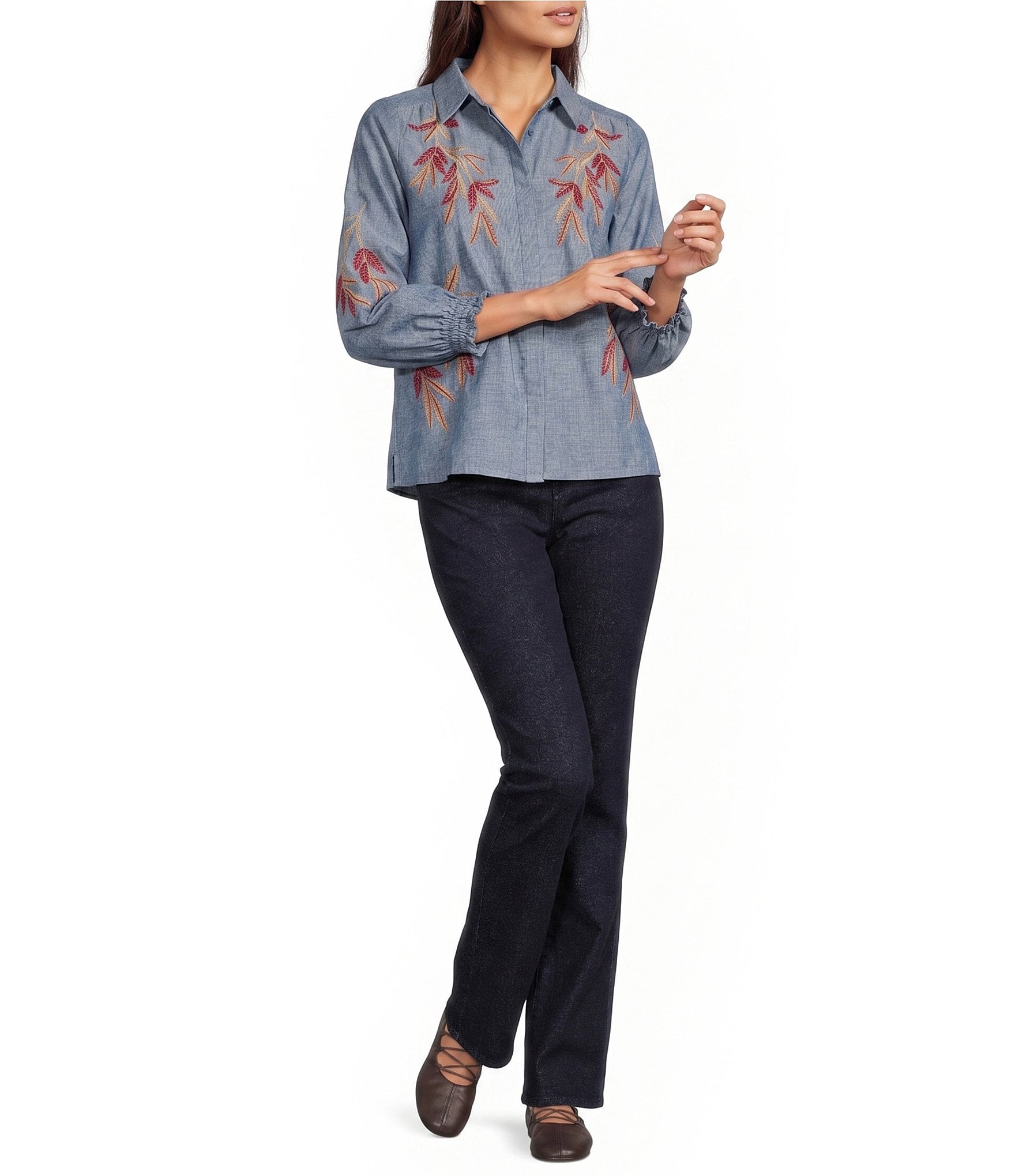 Calessa Woven Leaf Embroidery Point Collar 3/4 Sleeve Button Front Shirt