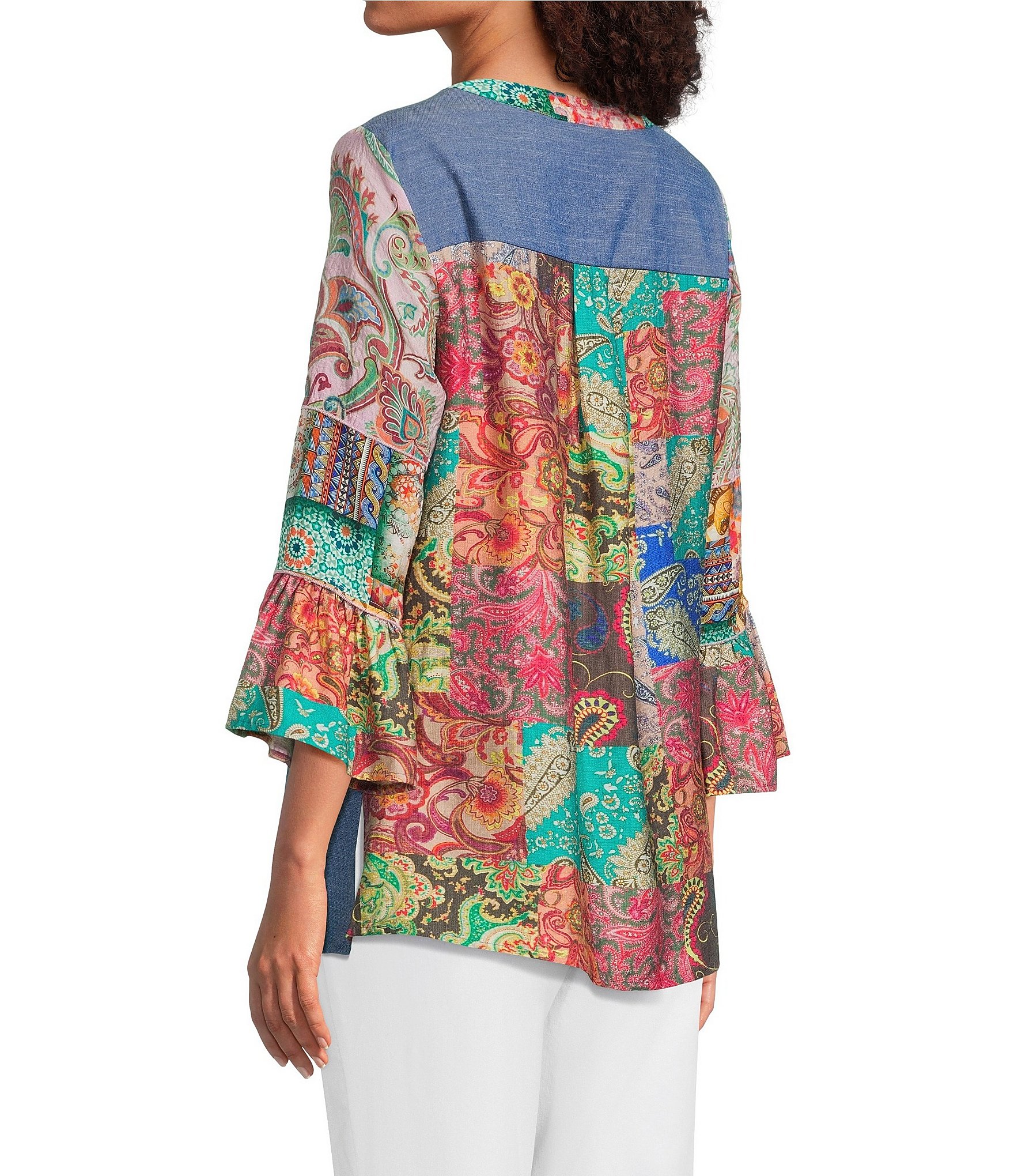 Calessa Woven Patchwork Embroidered Split V-Neck 3/4 Sleeve Tunic