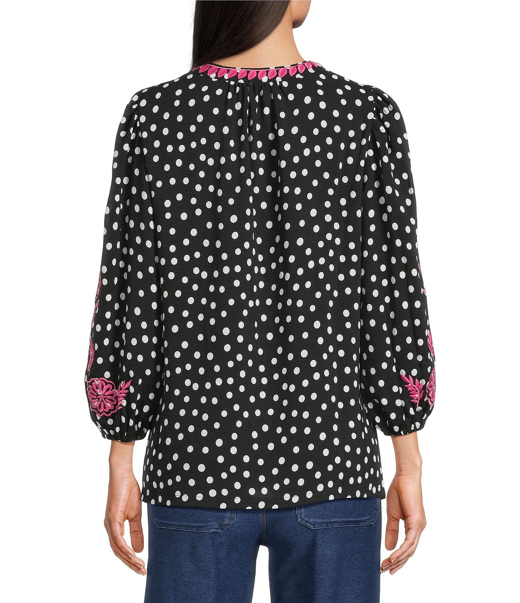 Calessa Woven Polka Dot Embroidered Split V-Neck 3/4 Sleeve Tunic