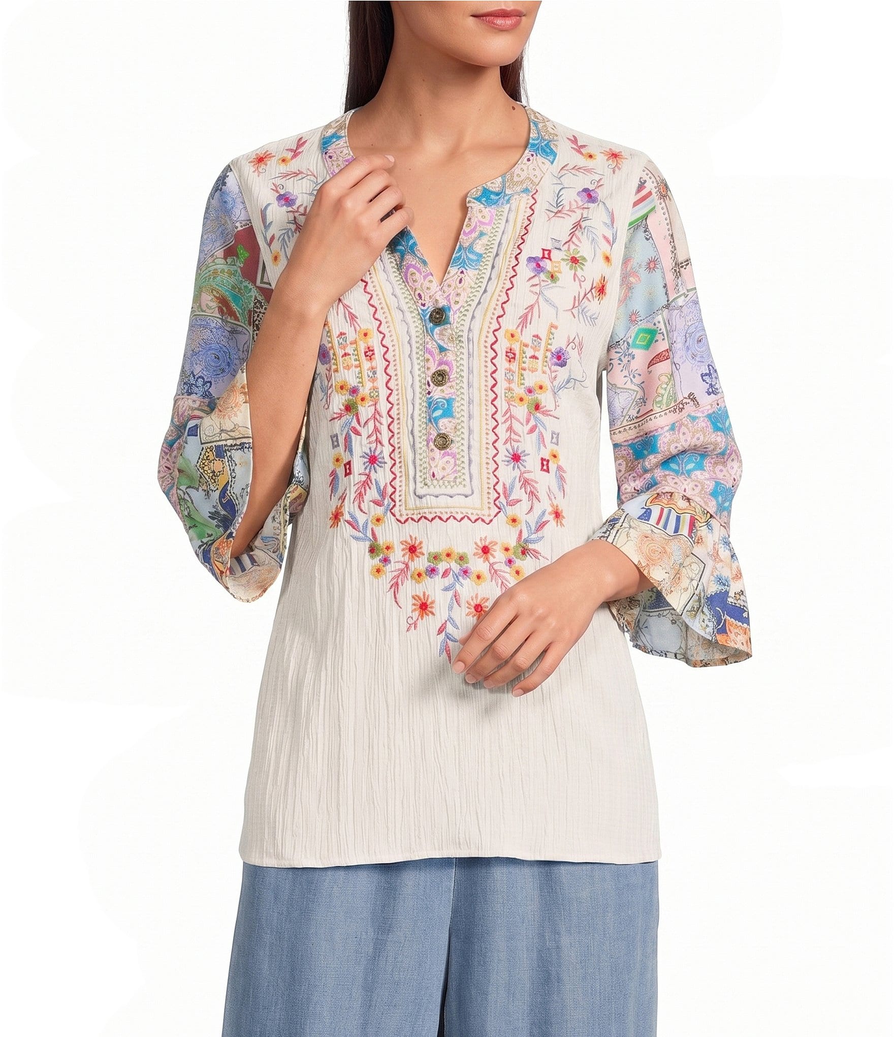 Calessa Woven Textured Embroidered Patchwork Split V-Neck 3/4 Bell Sleeve Tunic