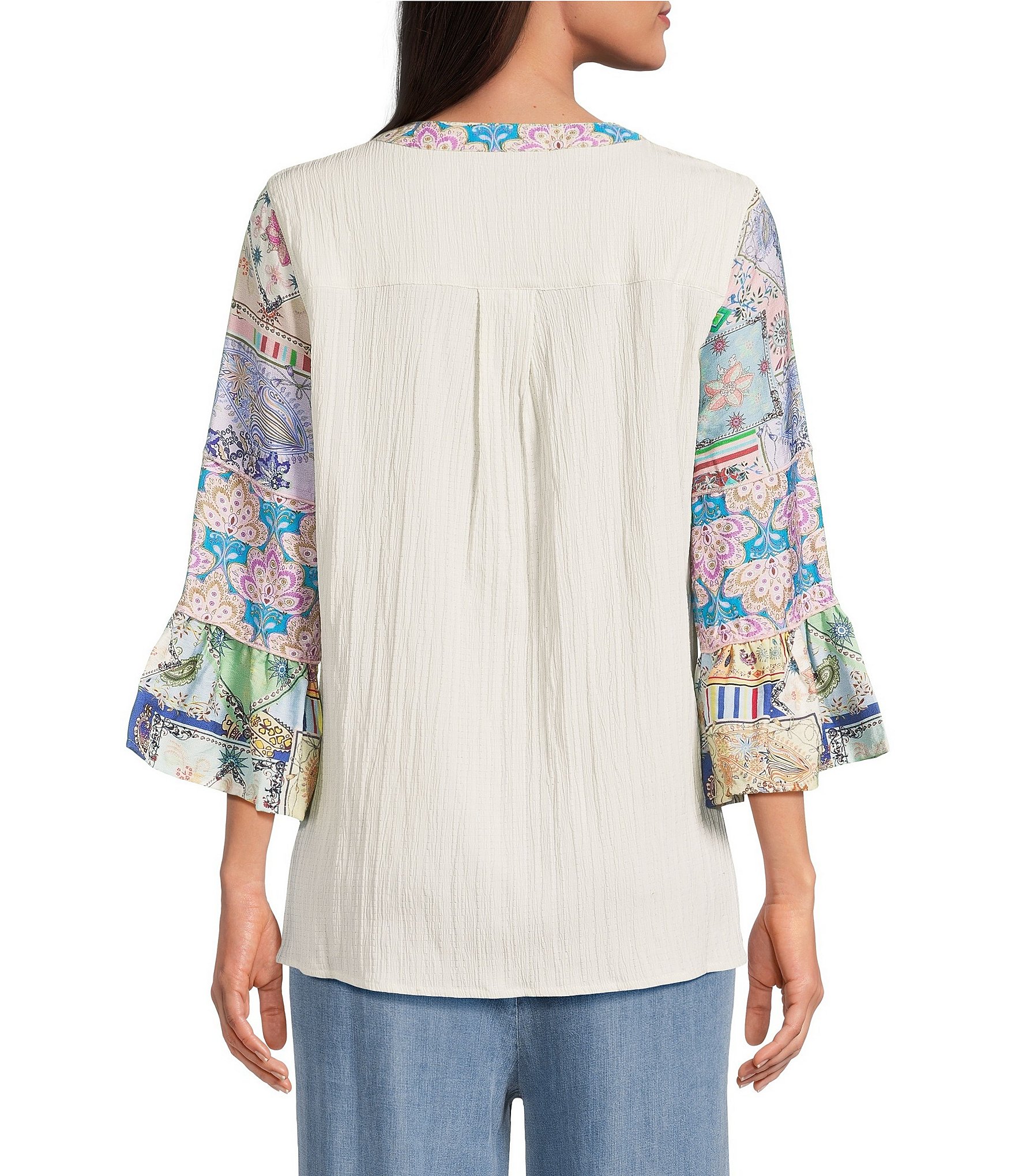 Calessa Woven Textured Embroidered Patchwork Split V-Neck 3/4 Bell Sleeve Tunic