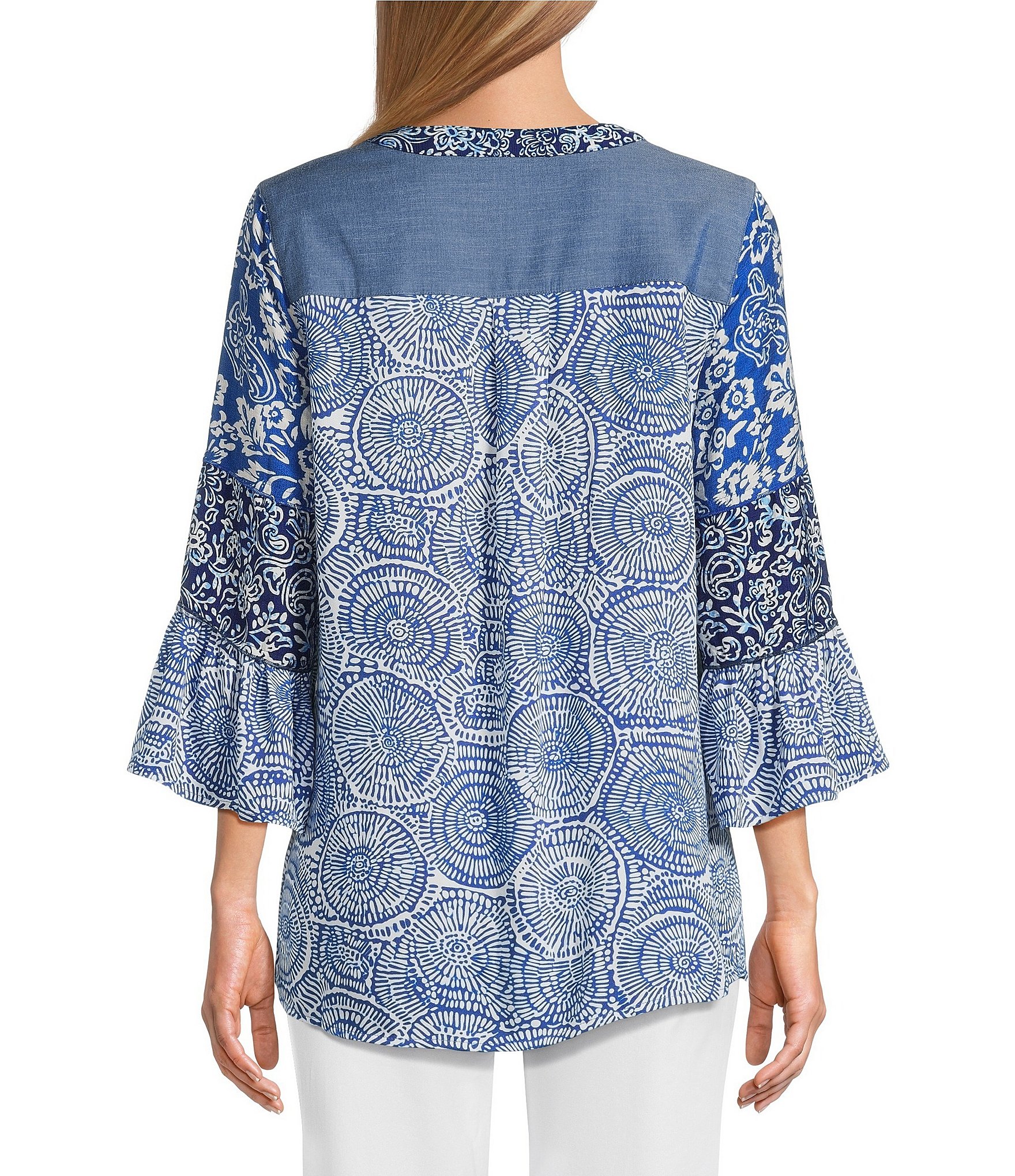Calessa Woven Textured Embroidered Split V-Neck 3/4 Bell Sleeve Tunic