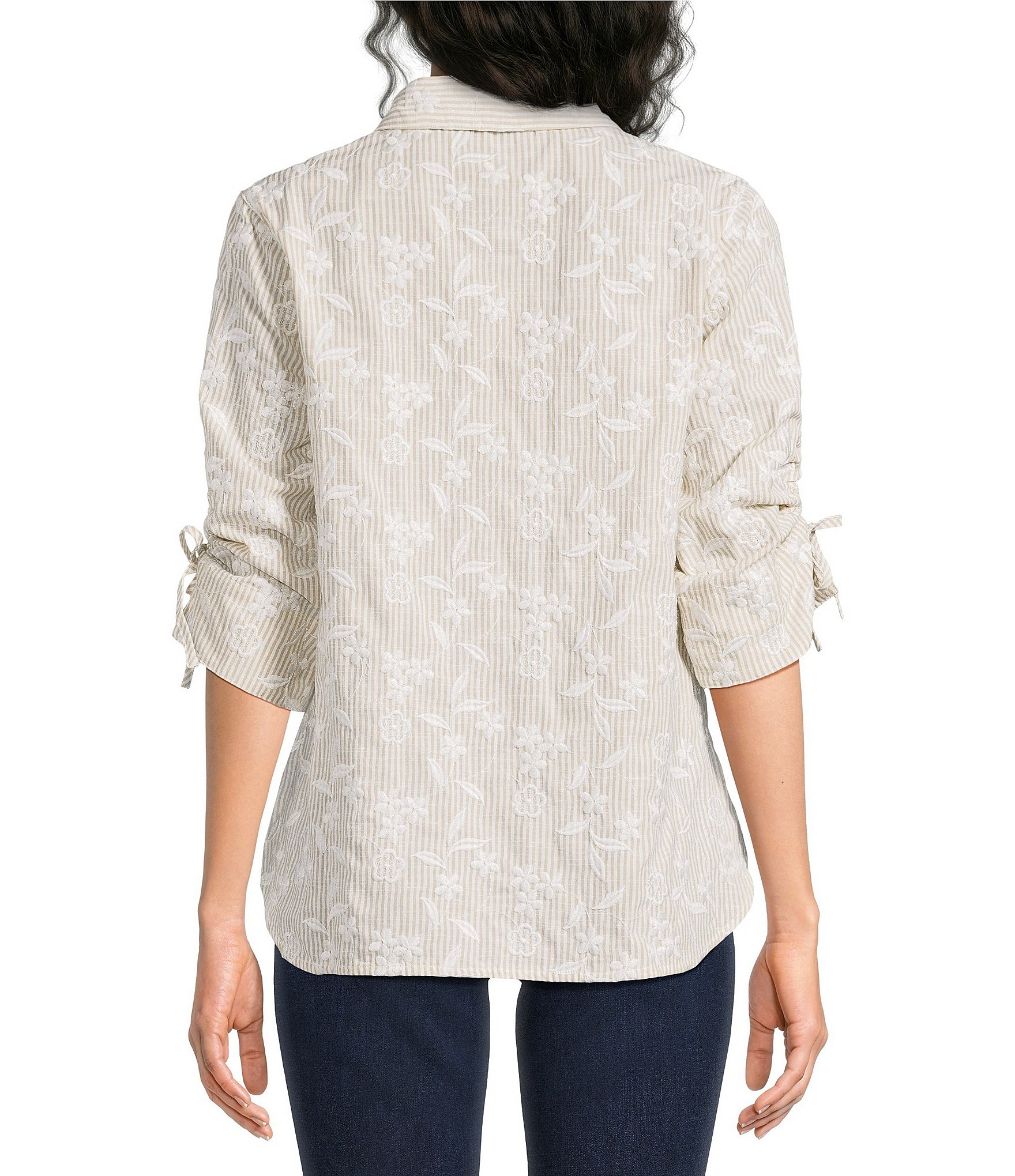Calessa Woven Yarn Dye Stripe Embroidered 3/4 Bow Ties Detail Sleeve Button-Front Tunic