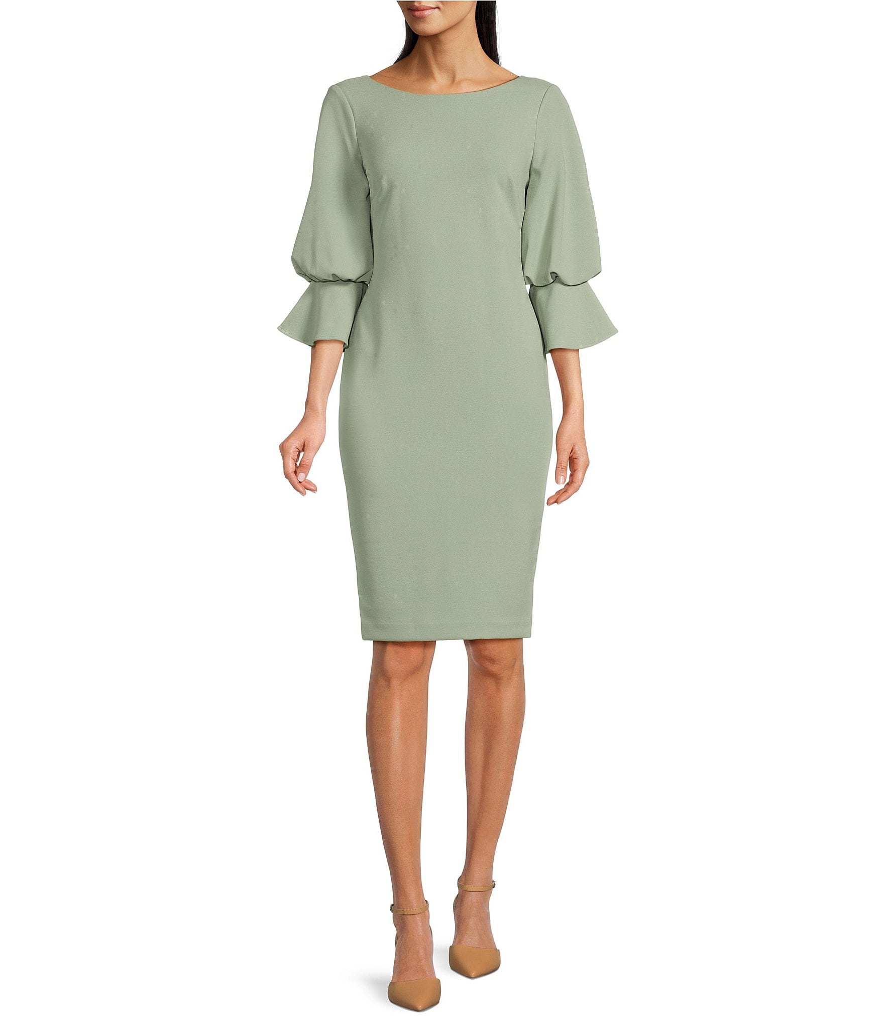 Calvin Klein 3/4 Bell Sleeve Boat Neck Scuba Crepe Sheath Dress