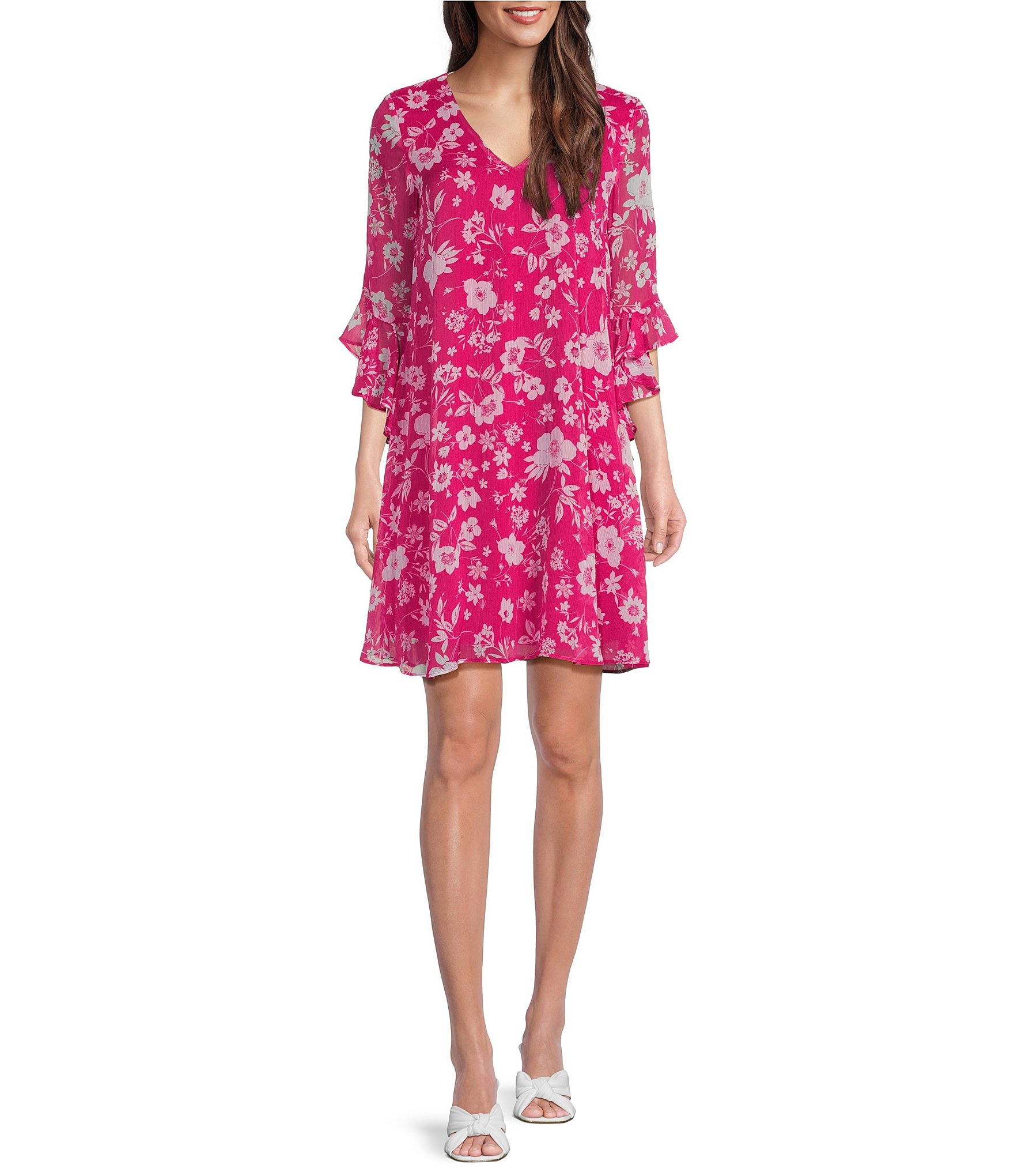 Calvin Klein 3/4 Ruffle Sleeve V-Neck Floral Chiffon Dress | Dillard's