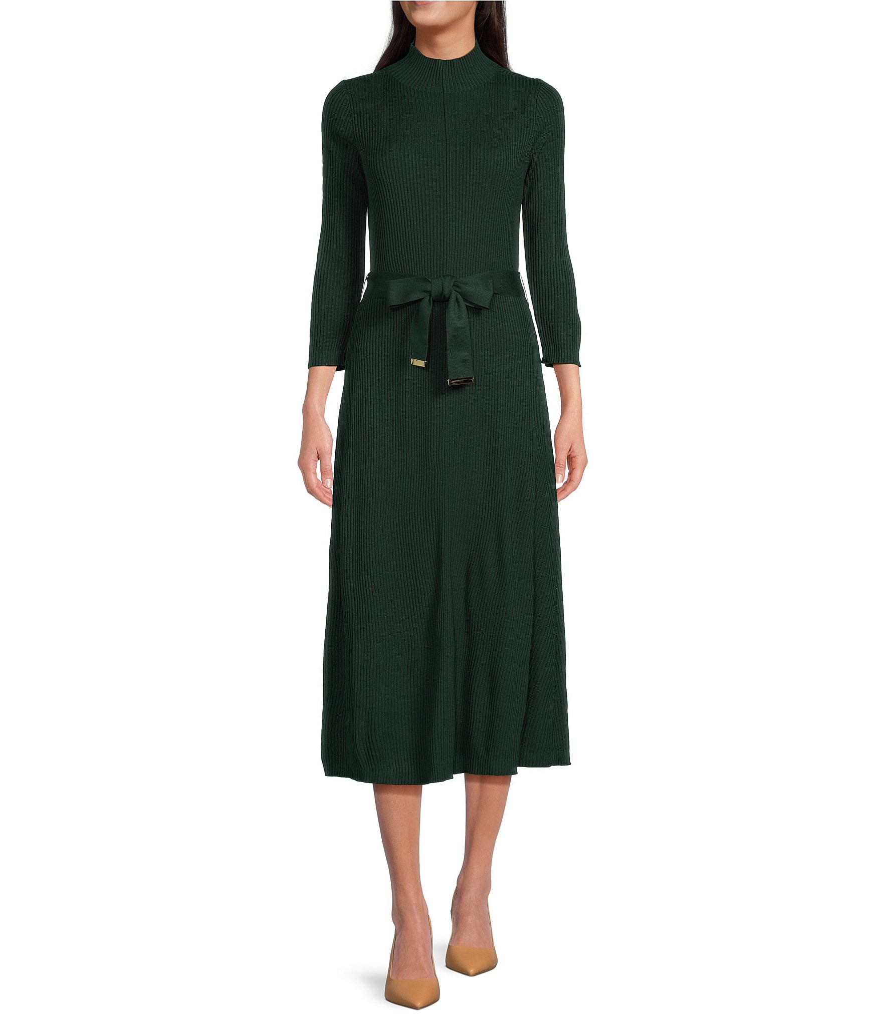 Calvin Klein 3/4 Sleeve Mock Neck Midi Sweater Dress With Belt | Dillard's