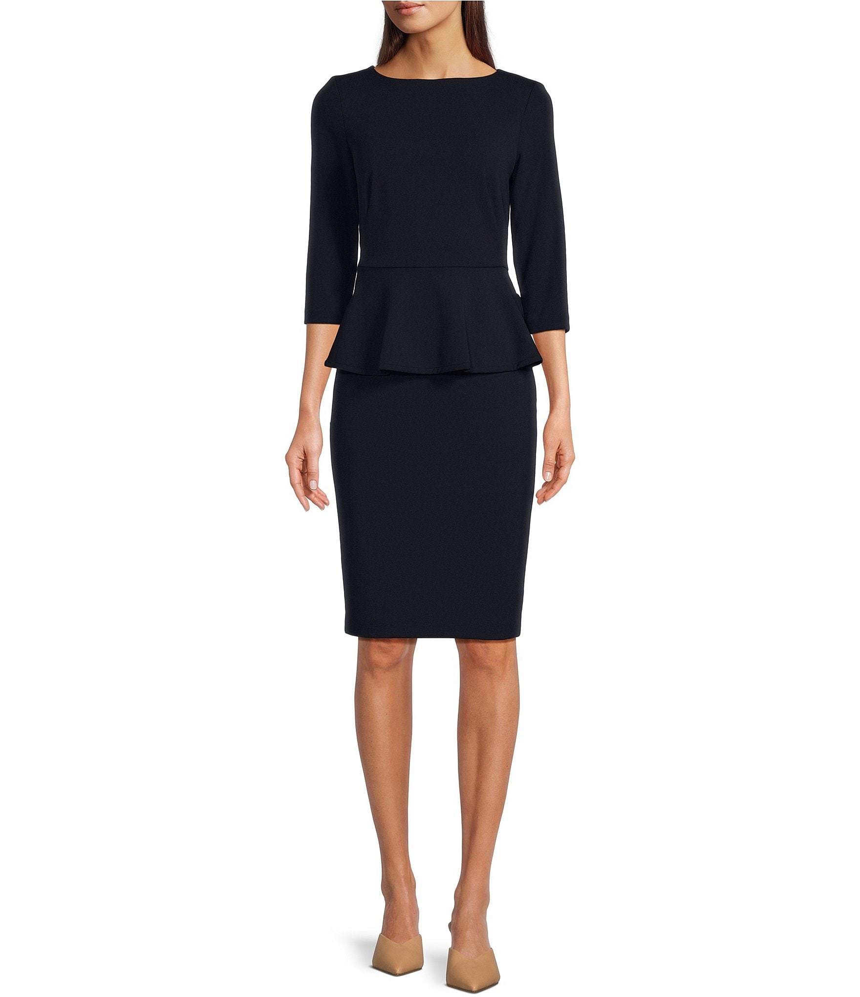 Calvin Klein 3/4 Sleeve Round Neck Peplum Sheath Dress | Dillard's