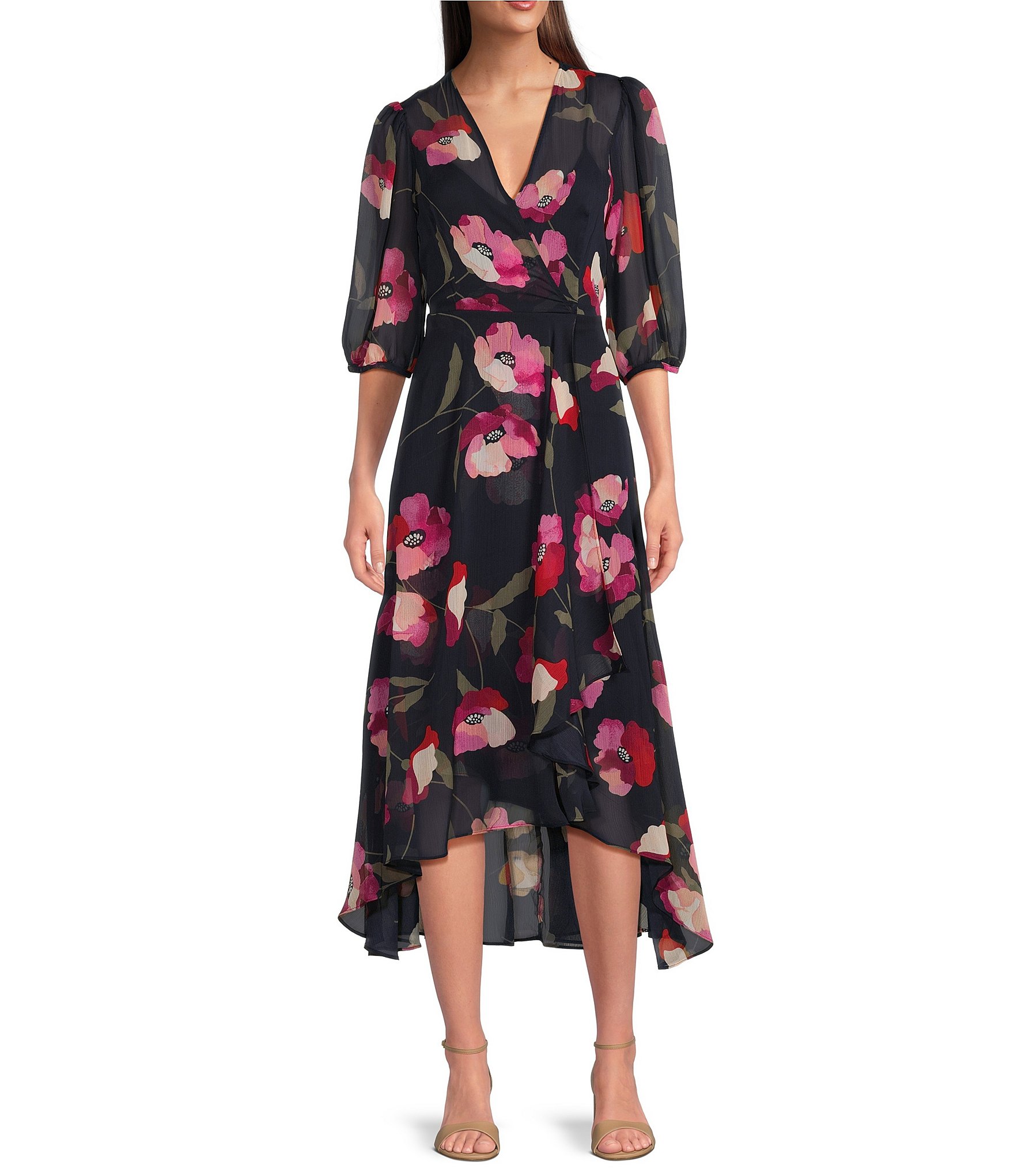 Calvin Klein 3/4 Sleeve V-Neck Floral Chiffon Faux Wrap Midi Dress ...
