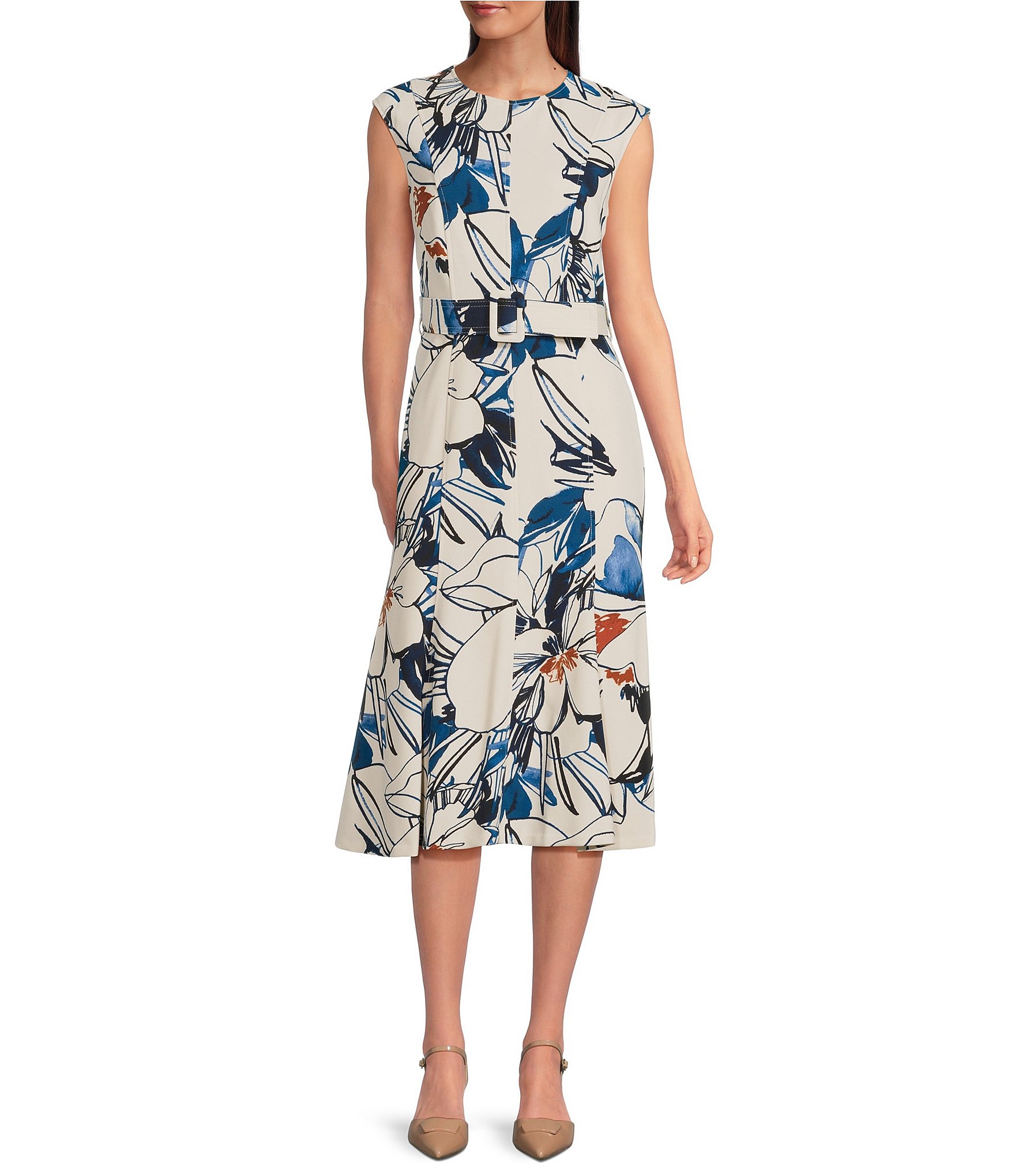 Calvin Klein Abstract Print Crew Neck Short Sleeve Belted A-Line Midi Dress