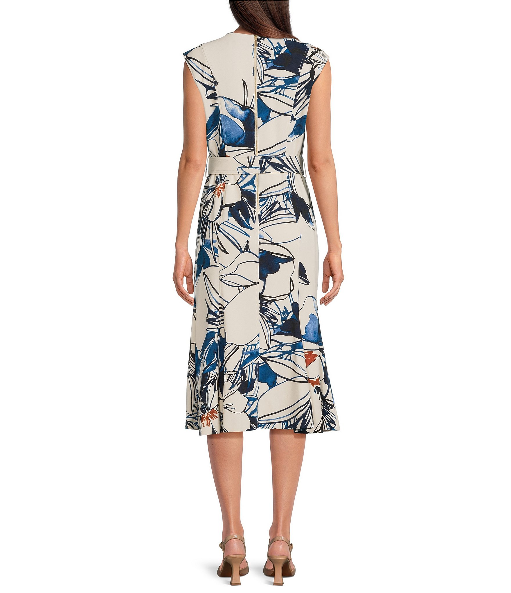 Calvin Klein Abstract Print Crew Neck Short Sleeve Belted A-Line Midi Dress
