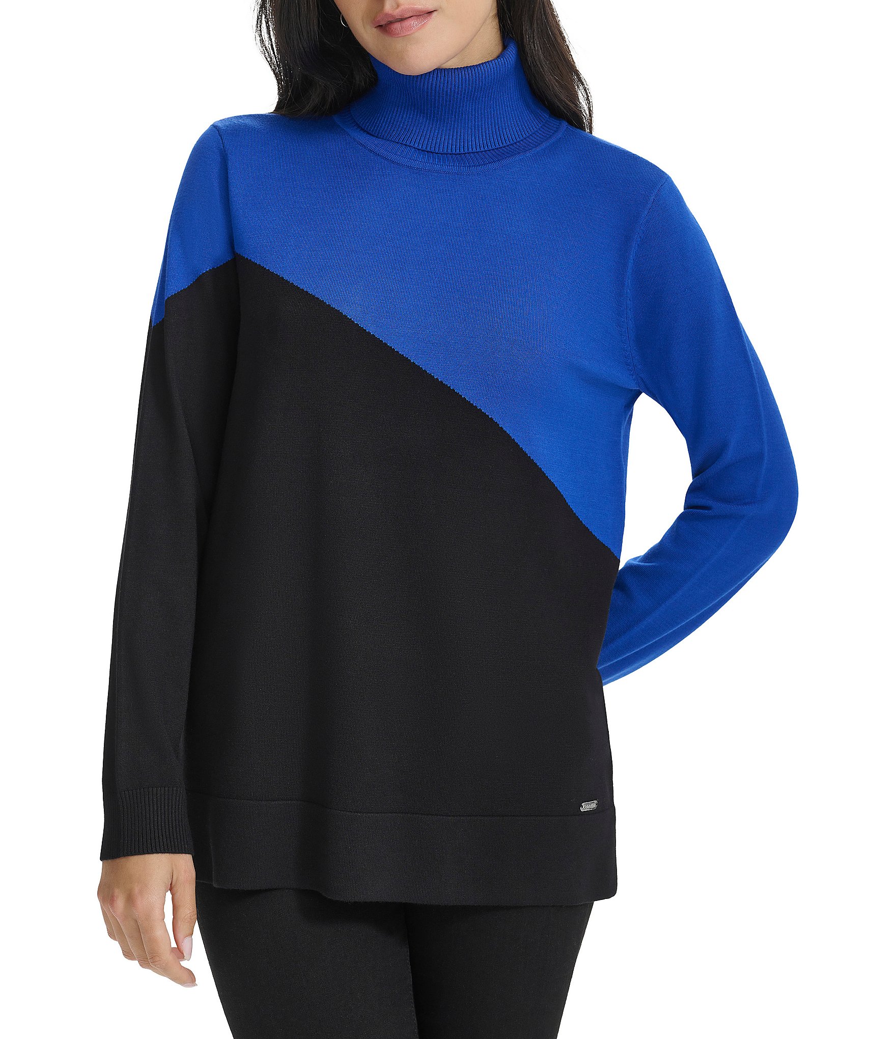 Calvin Klein Asymmetrical Color Block Turtleneck Long Sleeve Sweater S