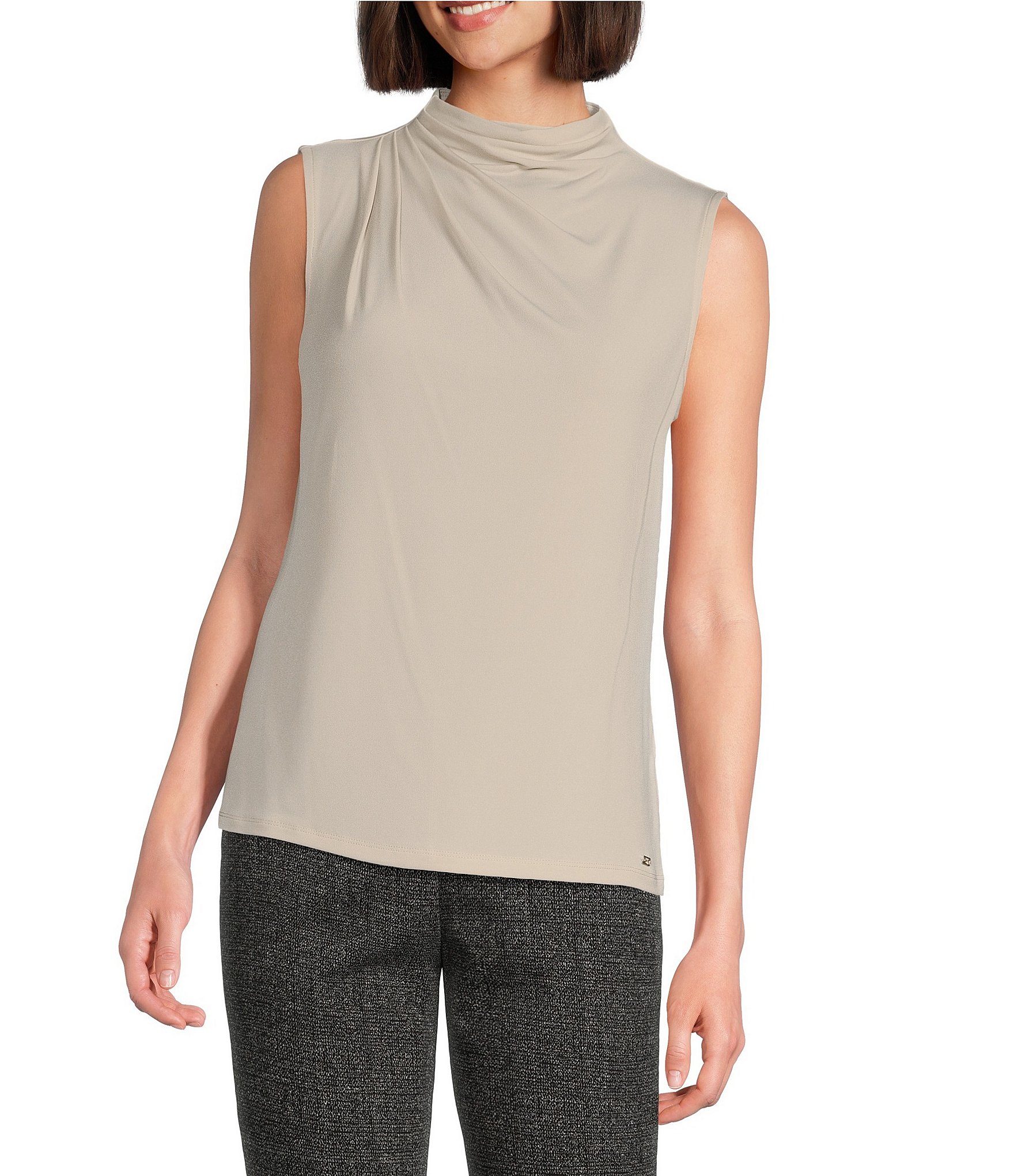 Calvin Klein Asymmetrical Draped Mock Neck Sleeveless Top