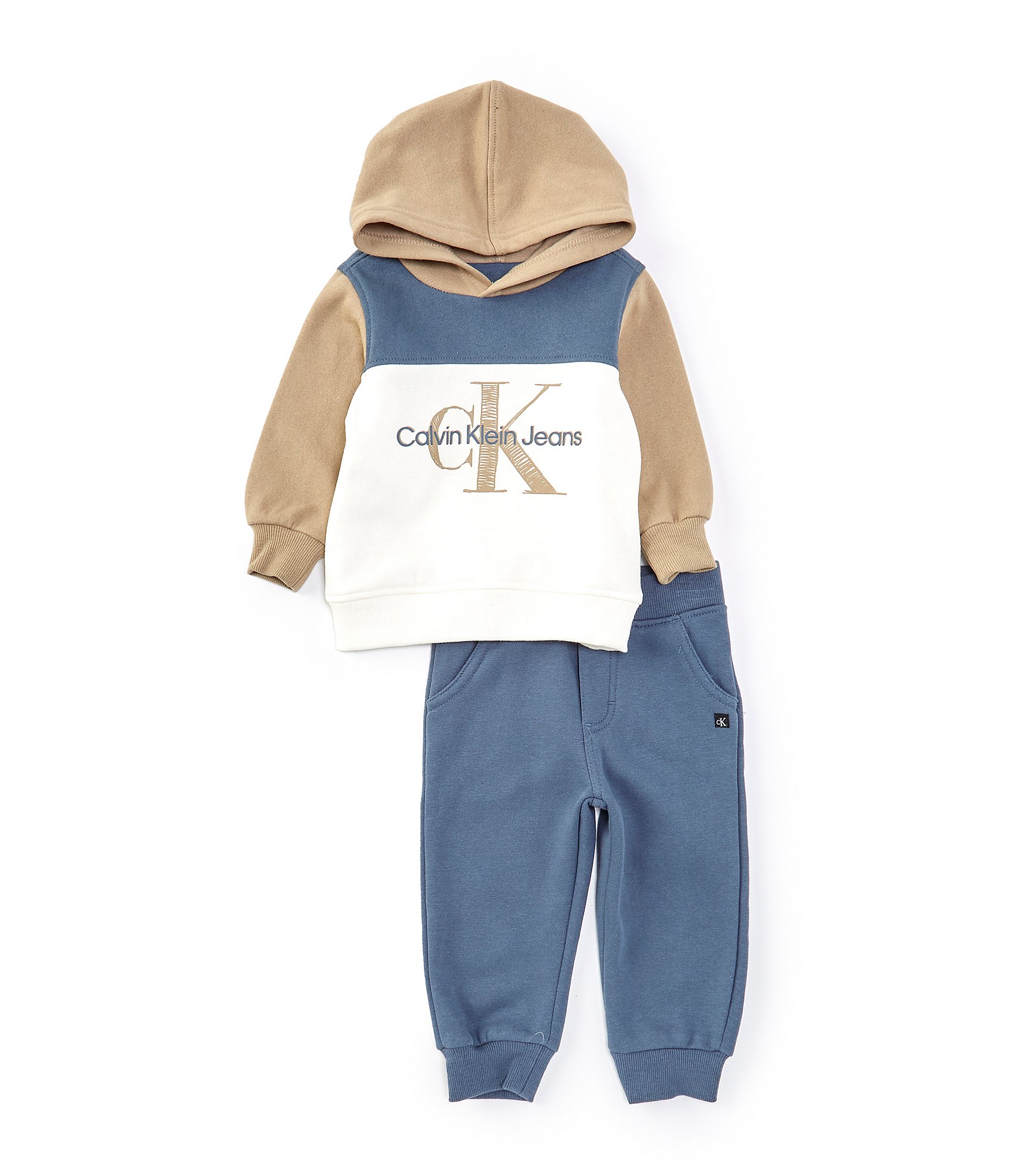 Calvin Klein Baby Boys 12-24 Months Long Sleeve Colorblock Monogrammed-Logo Fleece Hoodie & Solid Fleece Jogger Pant Set