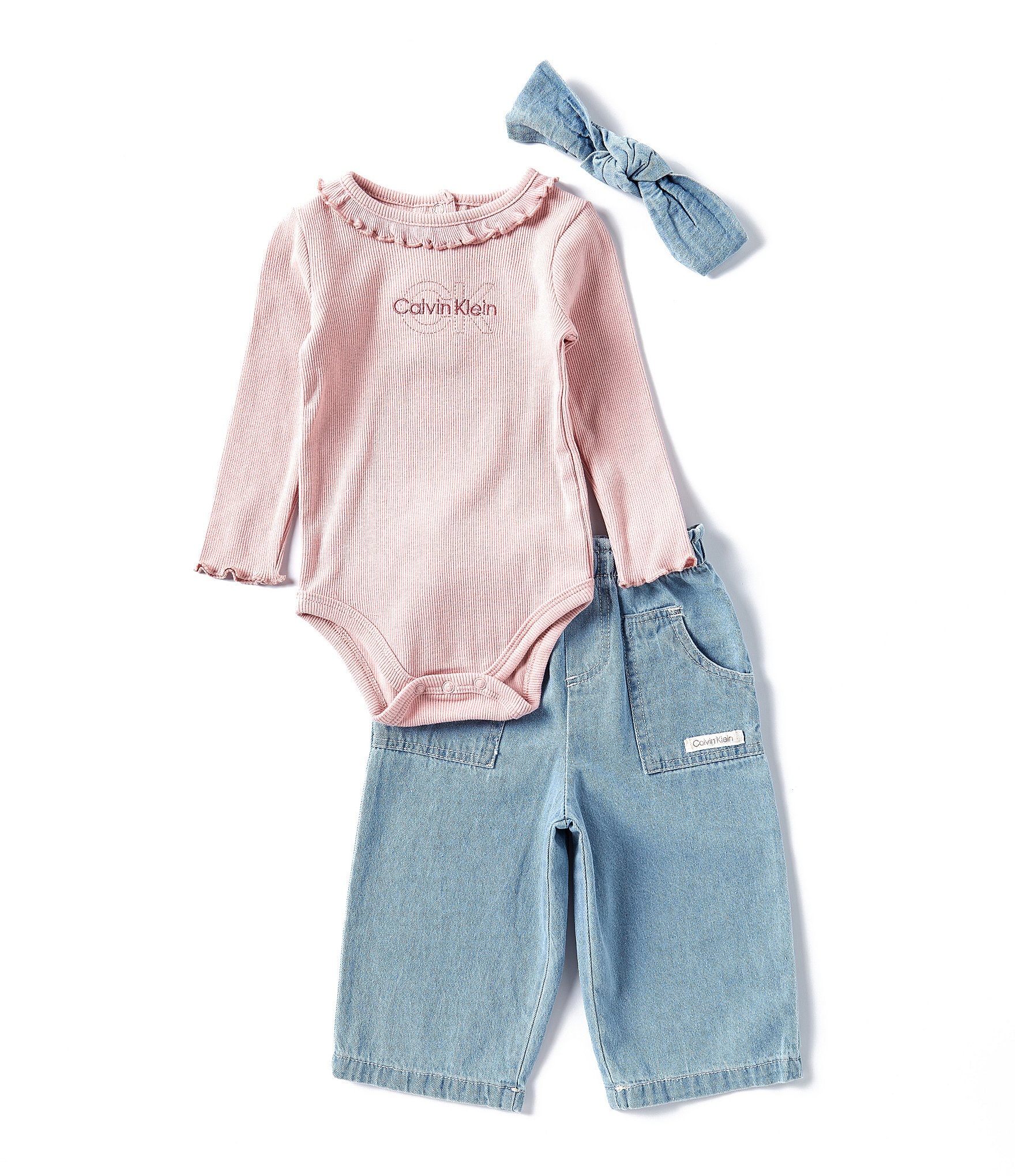 Calvin Klein Baby Girls 12-24 Months Long Sleeve Logo Ribbed Bodysuit & Denim Pull-On Pants Set